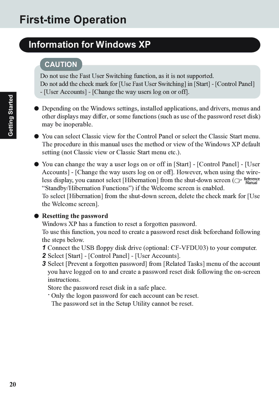 Panasonic CF-07 Series appendix Information for Windows XP, Resetting the password 