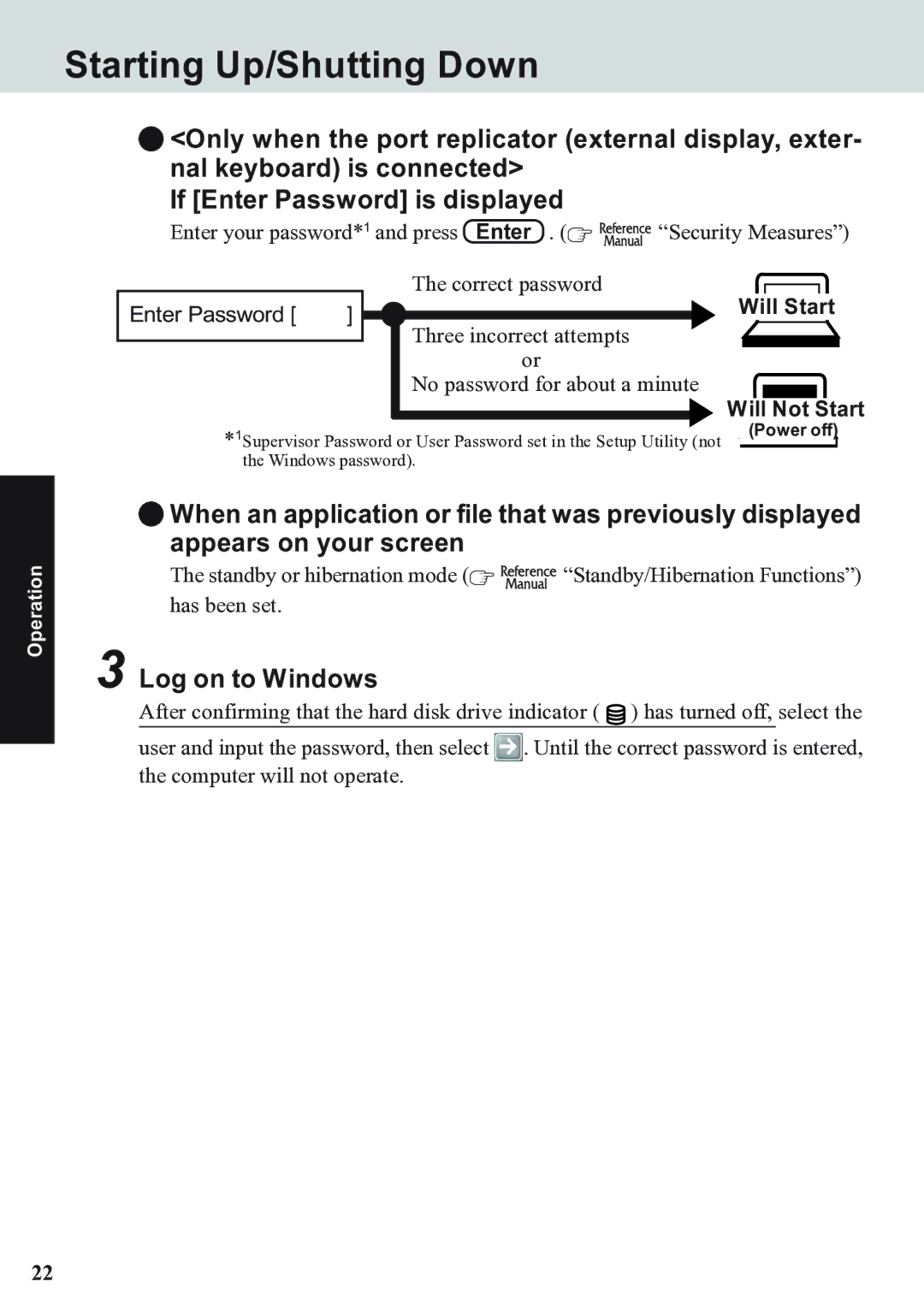 Panasonic CF-07 Series appendix Starting Up/Shutting Down, Log on to Windows, Enter Password 