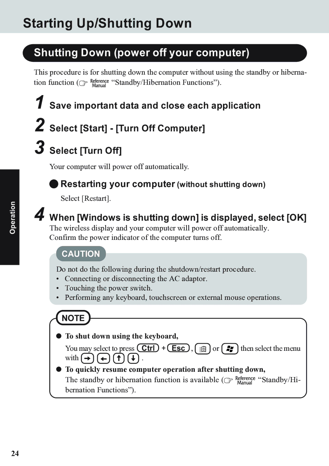 Panasonic CF-07 Series appendix Shutting Down power off your computer, Restarting your computer without shutting down 