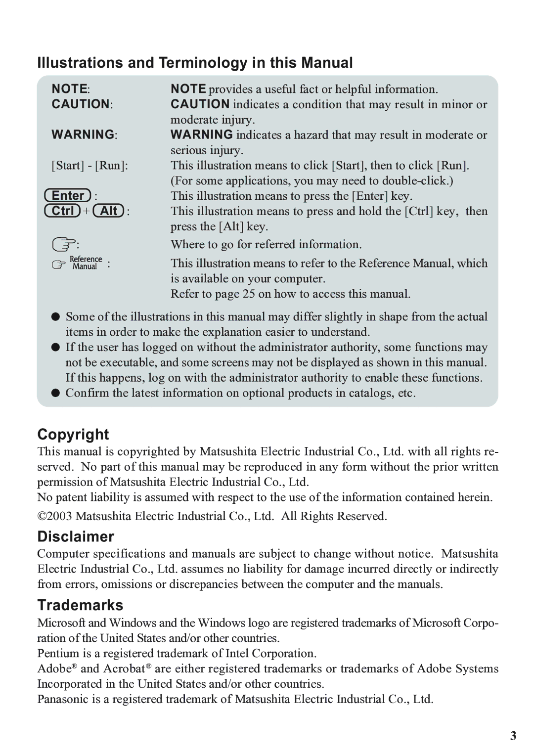 Panasonic CF-07 Series Illustrations and Terminology in this Manual, Copyright Disclaimer Trademarks, Enter Ctrl + Alt 