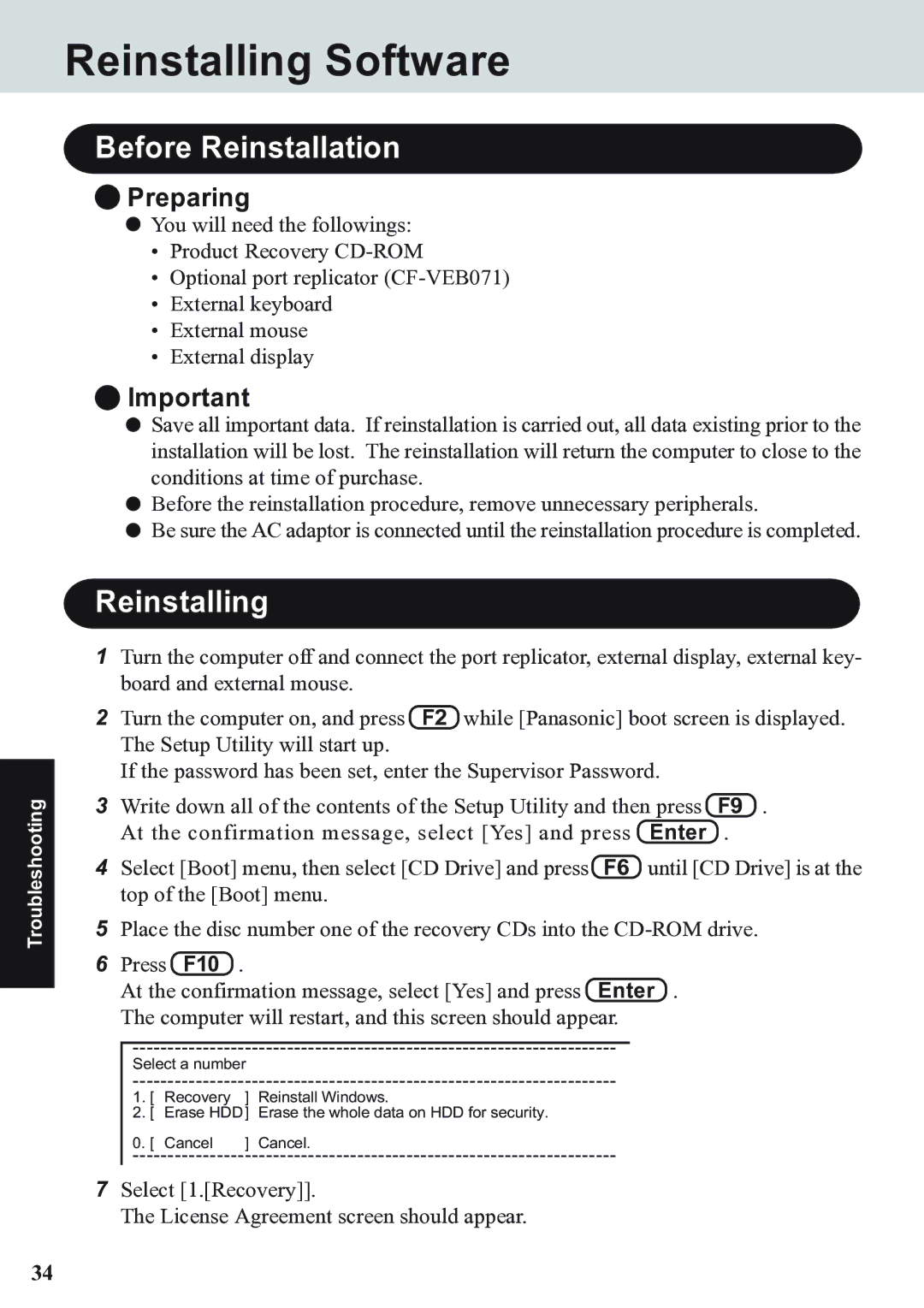 Panasonic CF-07 Series appendix Reinstalling Software, Before Reinstallation, Preparing, Enter 