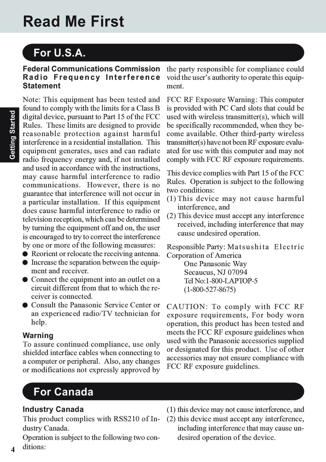 Panasonic CF-07 Series appendix Read Me First, For U.S.A, For Canada, Industry Canada 