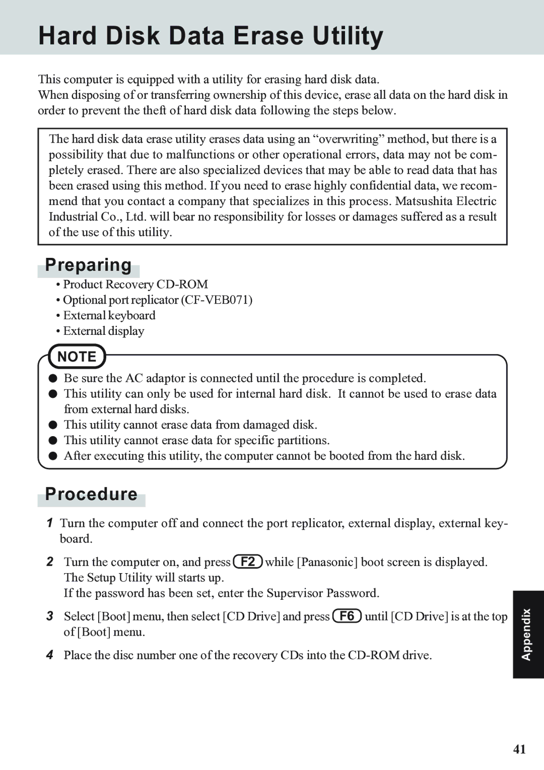 Panasonic CF-07 Series appendix Hard Disk Data Erase Utility, Preparing 