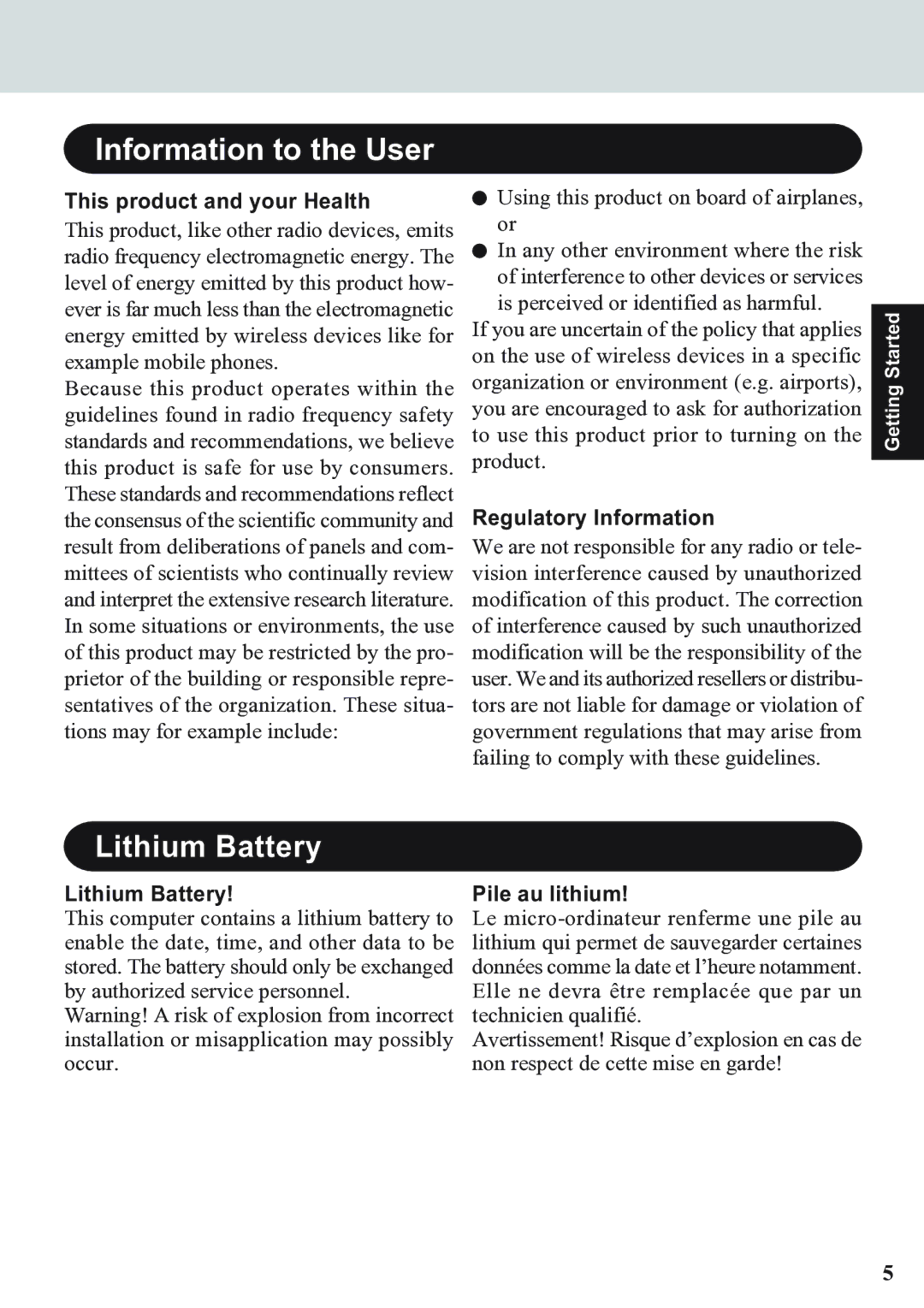 Panasonic CF-07 Series appendix Lithium Battery, This product and your Health, Regulatory Information, Pile au lithium 