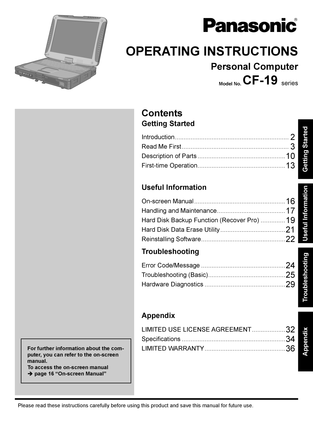 Panasonic CF-19 series appendix Personal Computer, Contents 