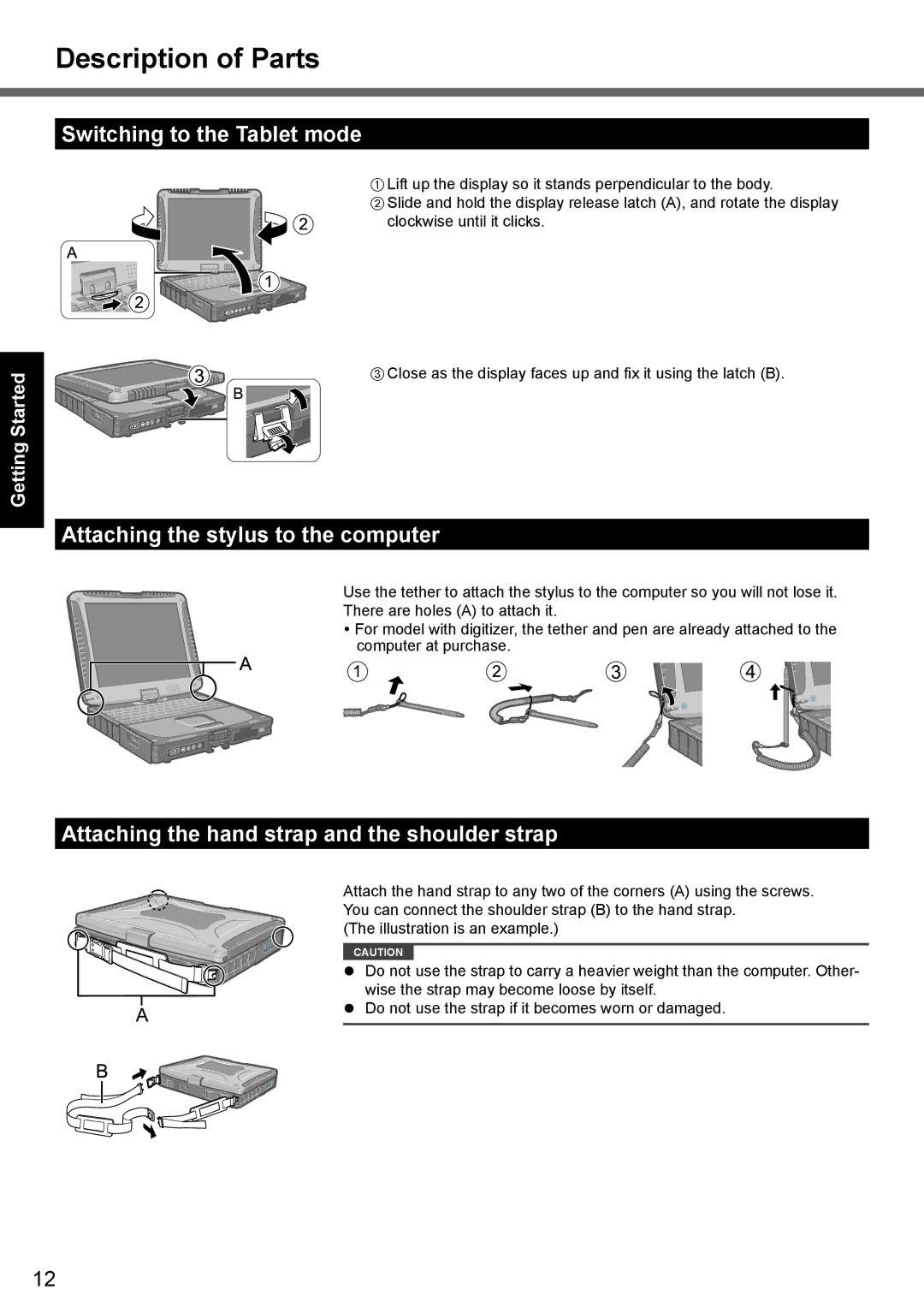 Panasonic CF-19 series appendix Description of Parts, Switching to the Tablet mode, Attaching the stylus to the computer 