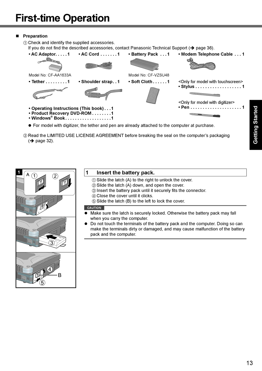 Panasonic CF-19 series appendix First-time Operation, Insert the battery pack 