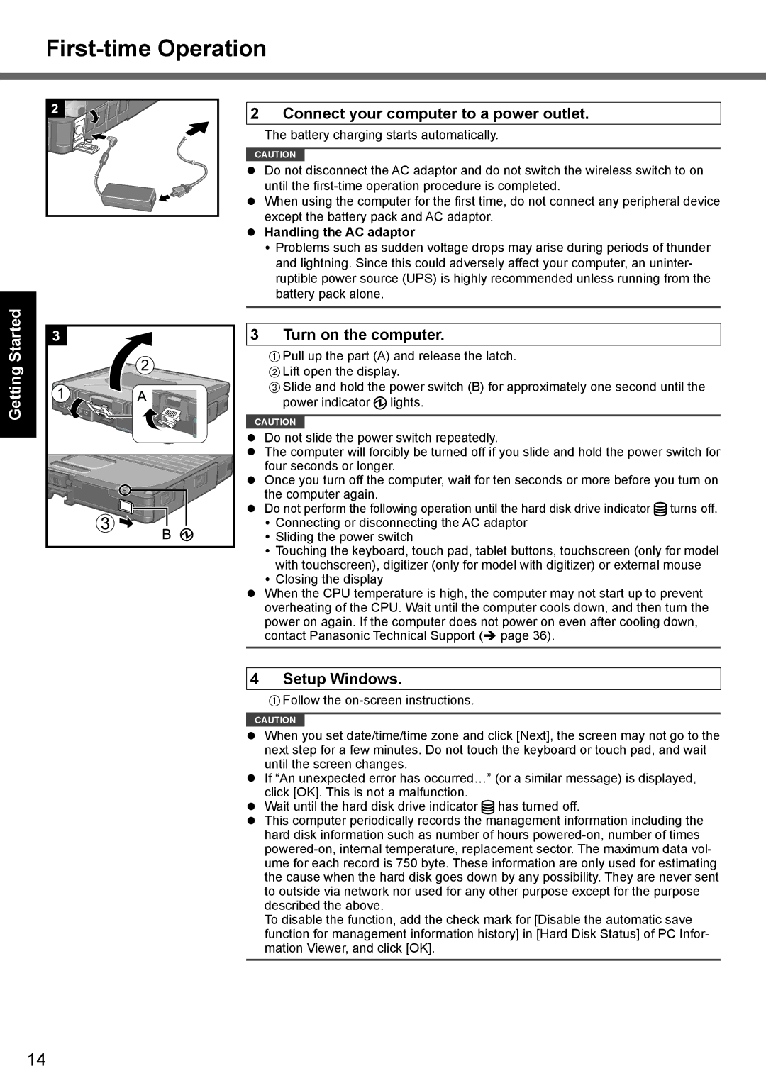 Panasonic CF-19 series First-time Operation, Connect your computer to a power outlet, Turn on the computer, Setup Windows 