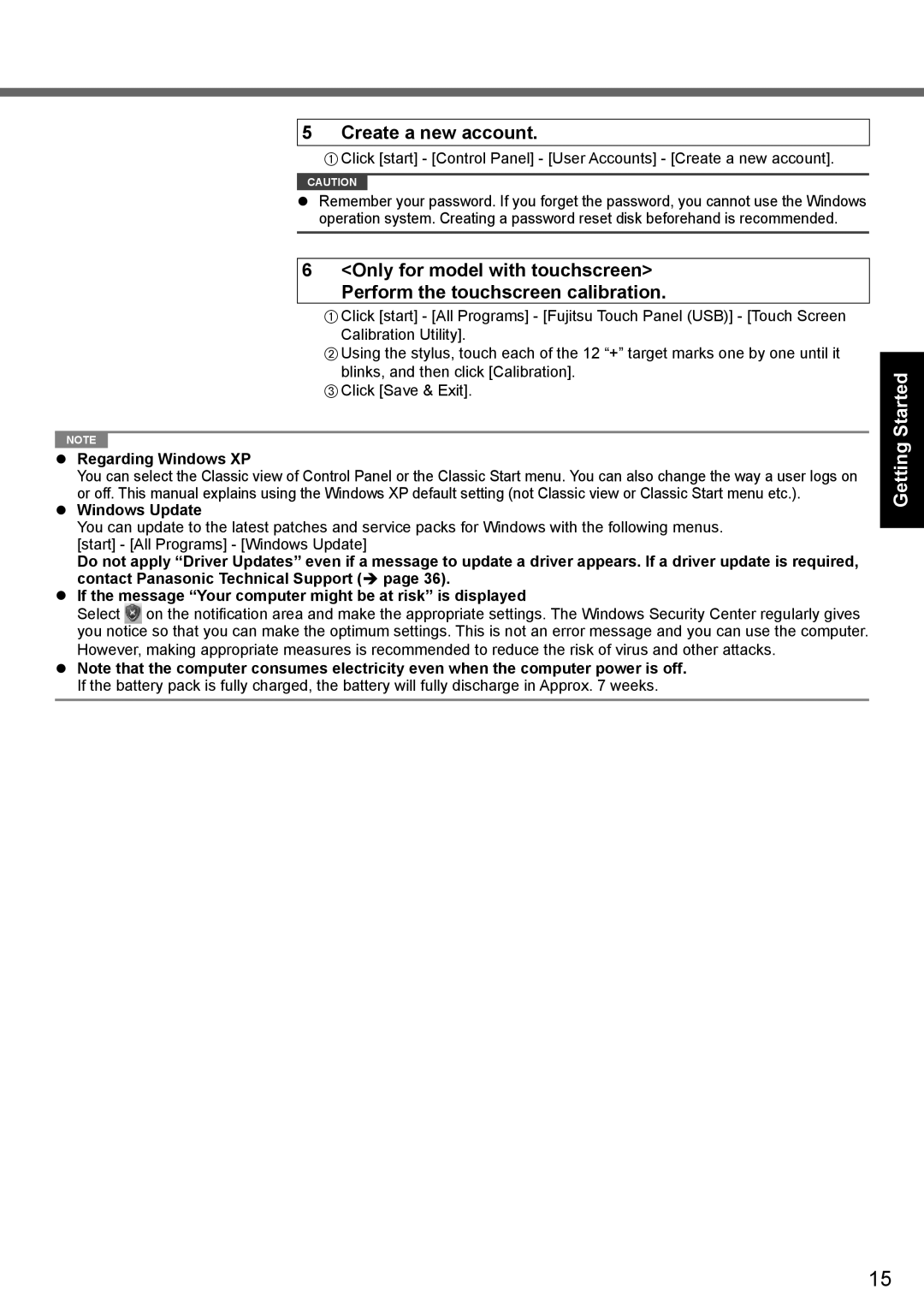 Panasonic CF-19 series appendix Create a new account, Regarding Windows XP, Windows Update 