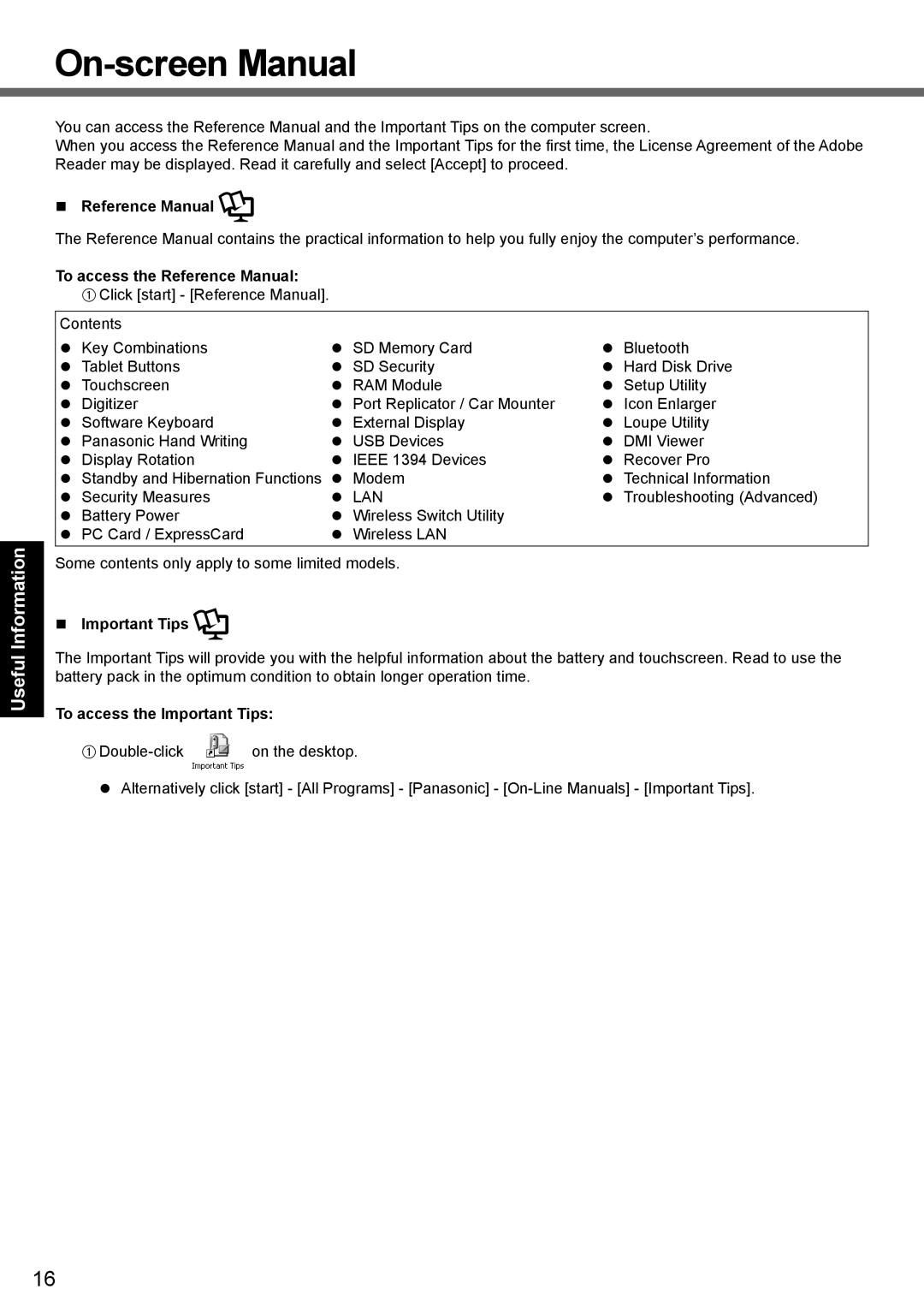 Panasonic CF-19 series appendix On-screen Manual, To access the Reference Manual, To access the Important Tips 