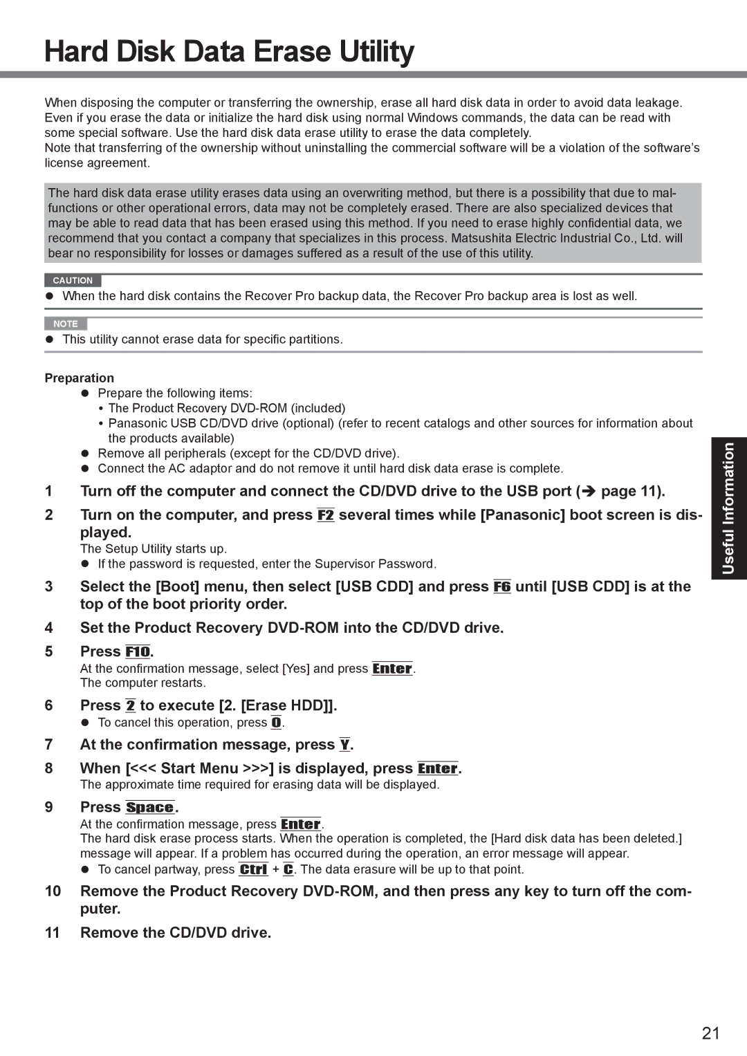 Panasonic CF-19 series appendix Hard Disk Data Erase Utility, Press 2 to execute 2. Erase HDD, Press Space 