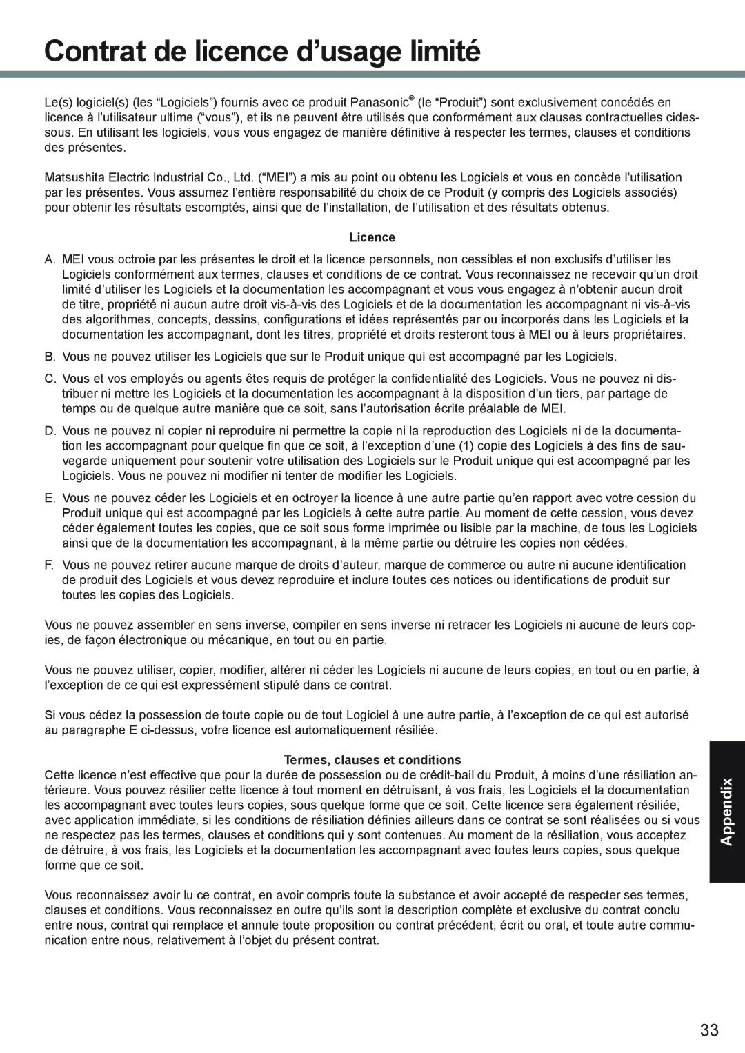 Panasonic CF-19 series appendix Contrat de licence d’usage limité, Licence, Termes, clauses et conditions 