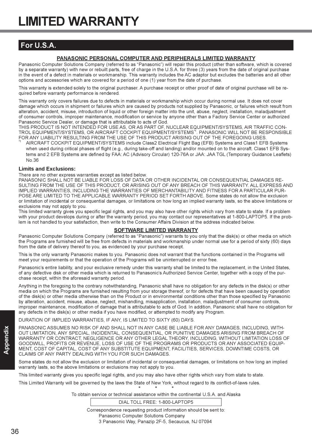 Panasonic CF-19 series appendix For U.S.A, Limits and Exclusions 