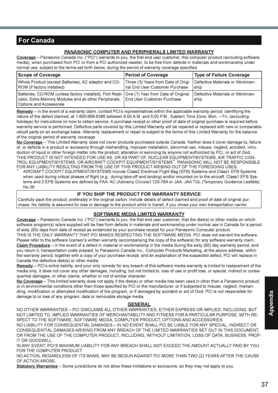 Panasonic CF-19 series appendix For Canada, Panasonic Computer and Peripherals Limited Warranty 