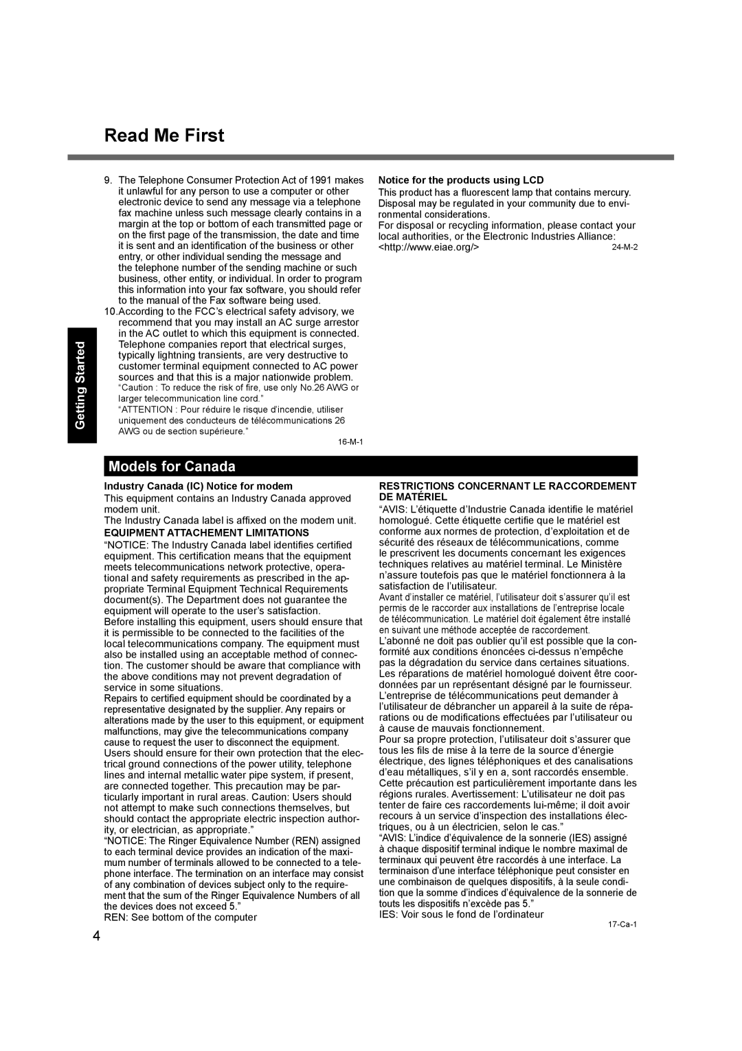 Panasonic CF-19 series appendix Read Me First, Models for Canada, Industry Canada IC Notice for modem 