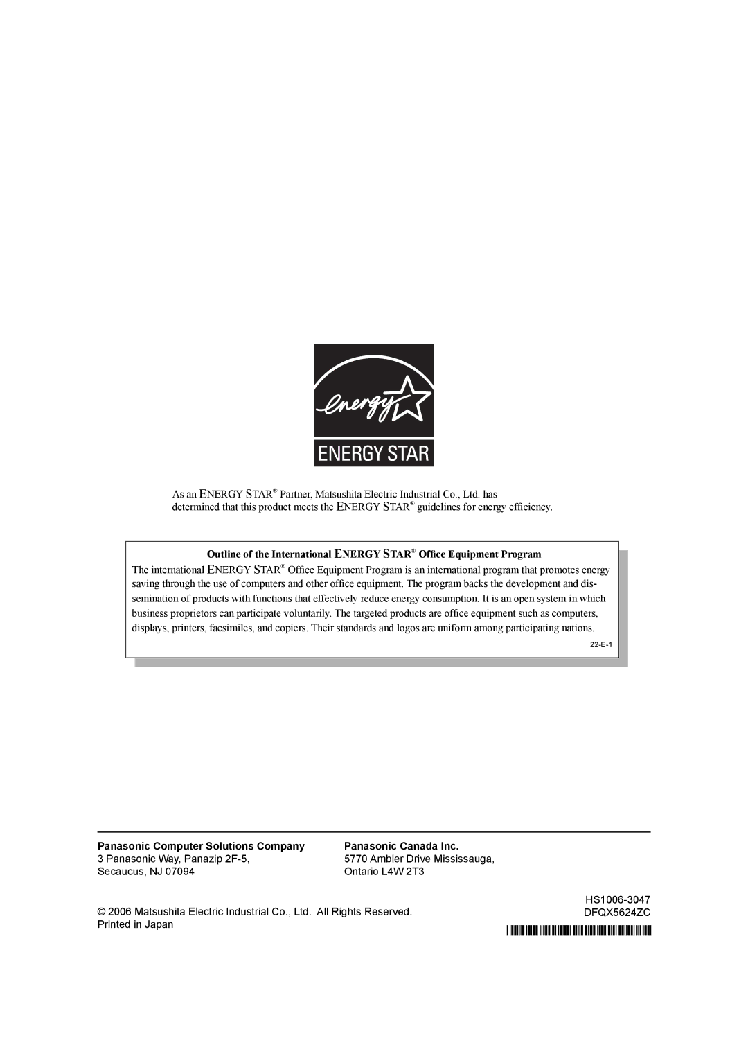 Panasonic CF-19 series appendix Panasonic Computer Solutions Company Panasonic Canada Inc 