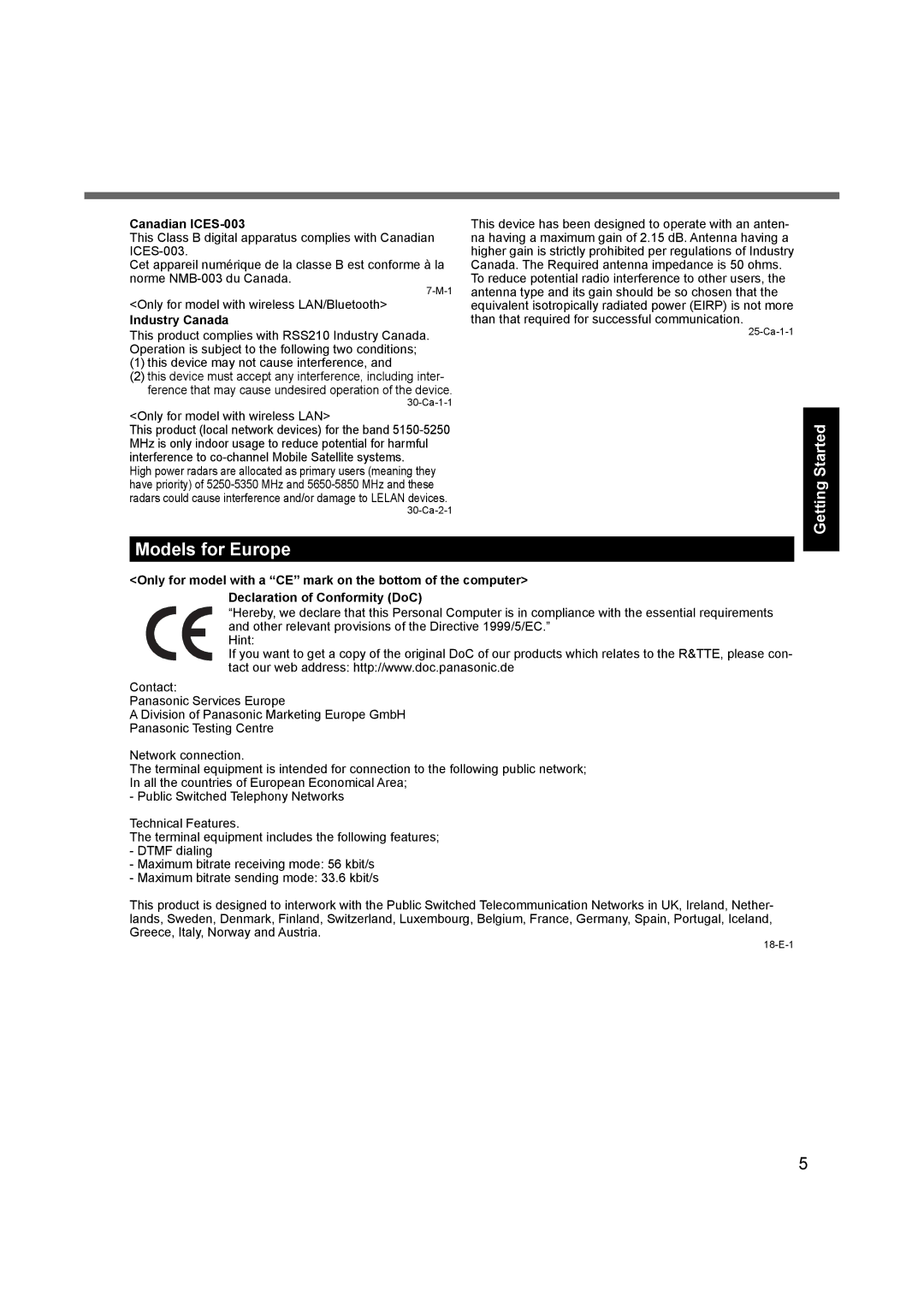 Panasonic CF-19 series appendix Models for Europe, Canadian ICES-003, Industry Canada 