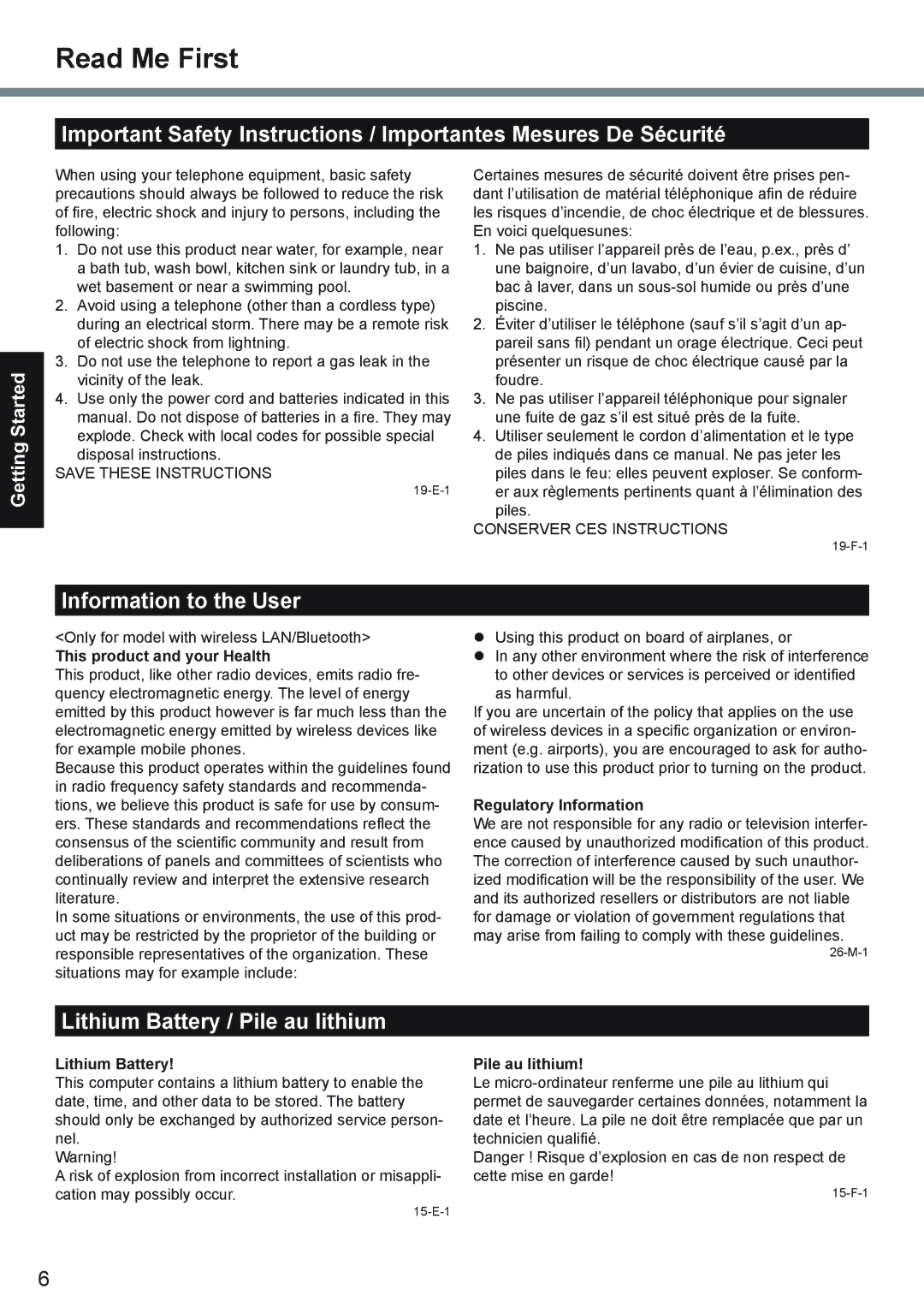 Panasonic CF-19 series appendix Information to the User, Lithium Battery / Pile au lithium 