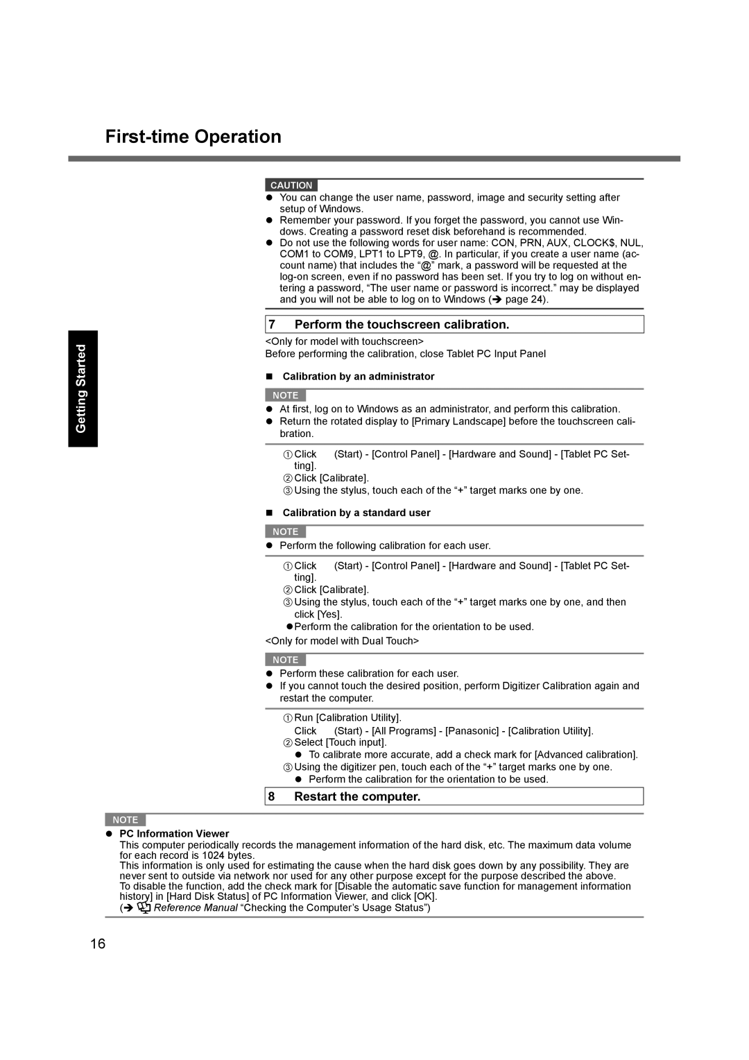 Panasonic CF-19 appendix First-time Operation,  Calibration by an administrator,  Calibration by a standard user 