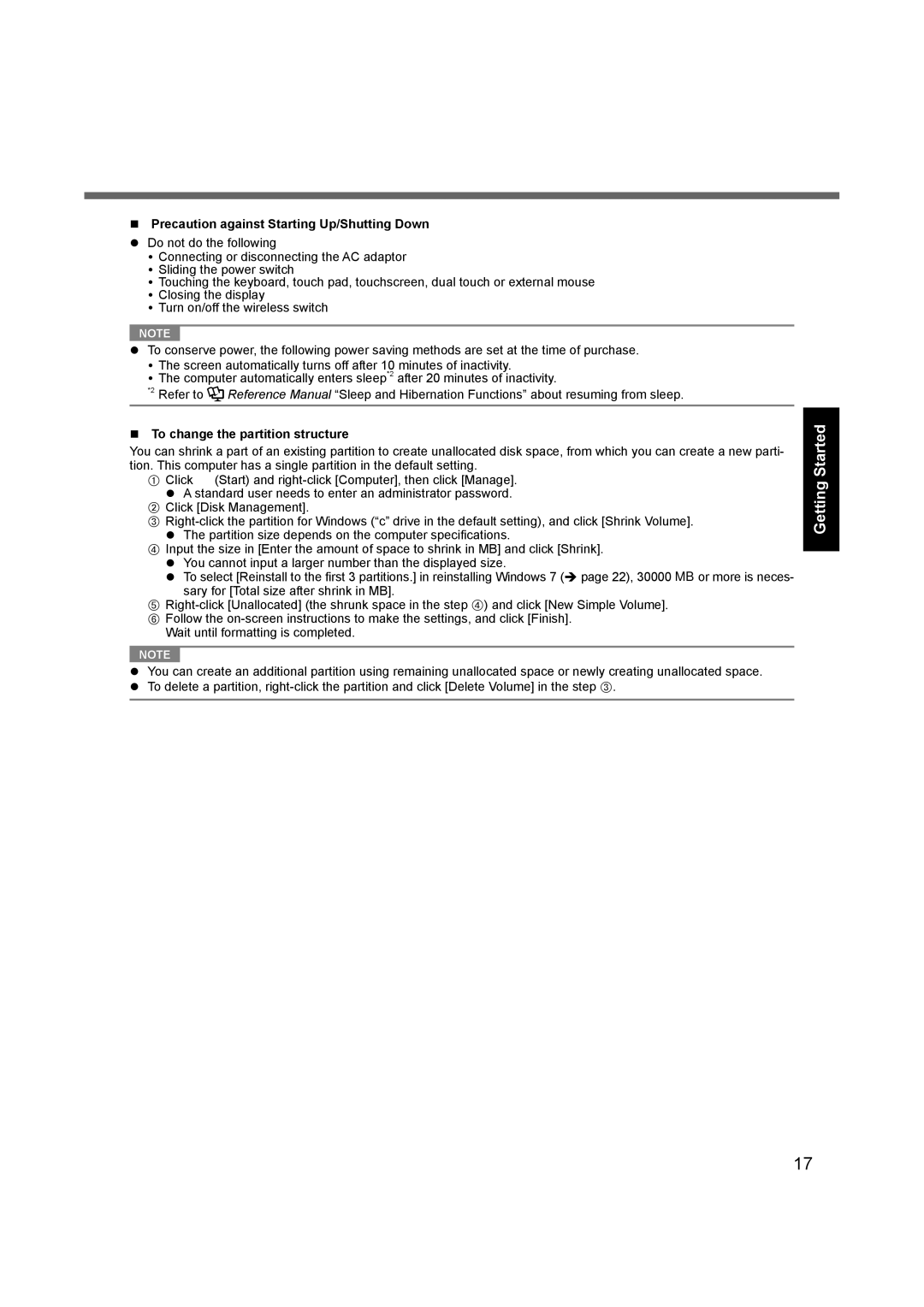 Panasonic CF-19 appendix  Precaution against Starting Up/Shutting Down,  To change the partition structure 