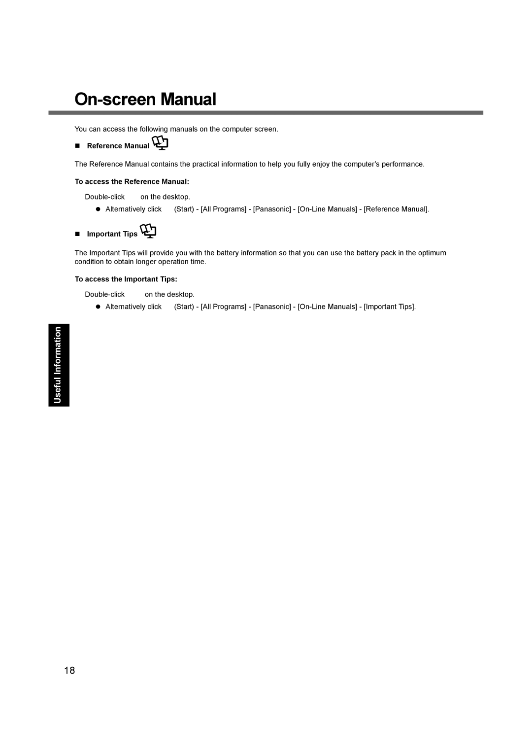 Panasonic CF-19 appendix On-screen Manual,  Reference Manual, To access the Reference Manual,  Important Tips 