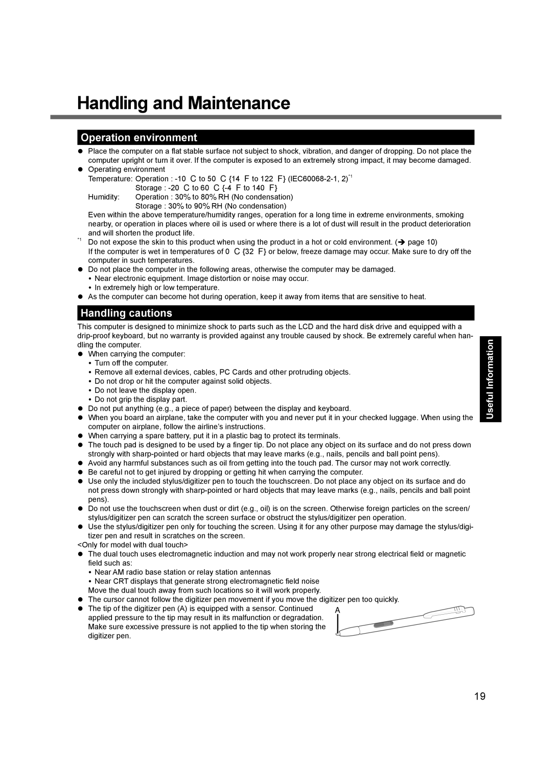 Panasonic CF-19 appendix Handling and Maintenance, Operation environment, Handling cautions 