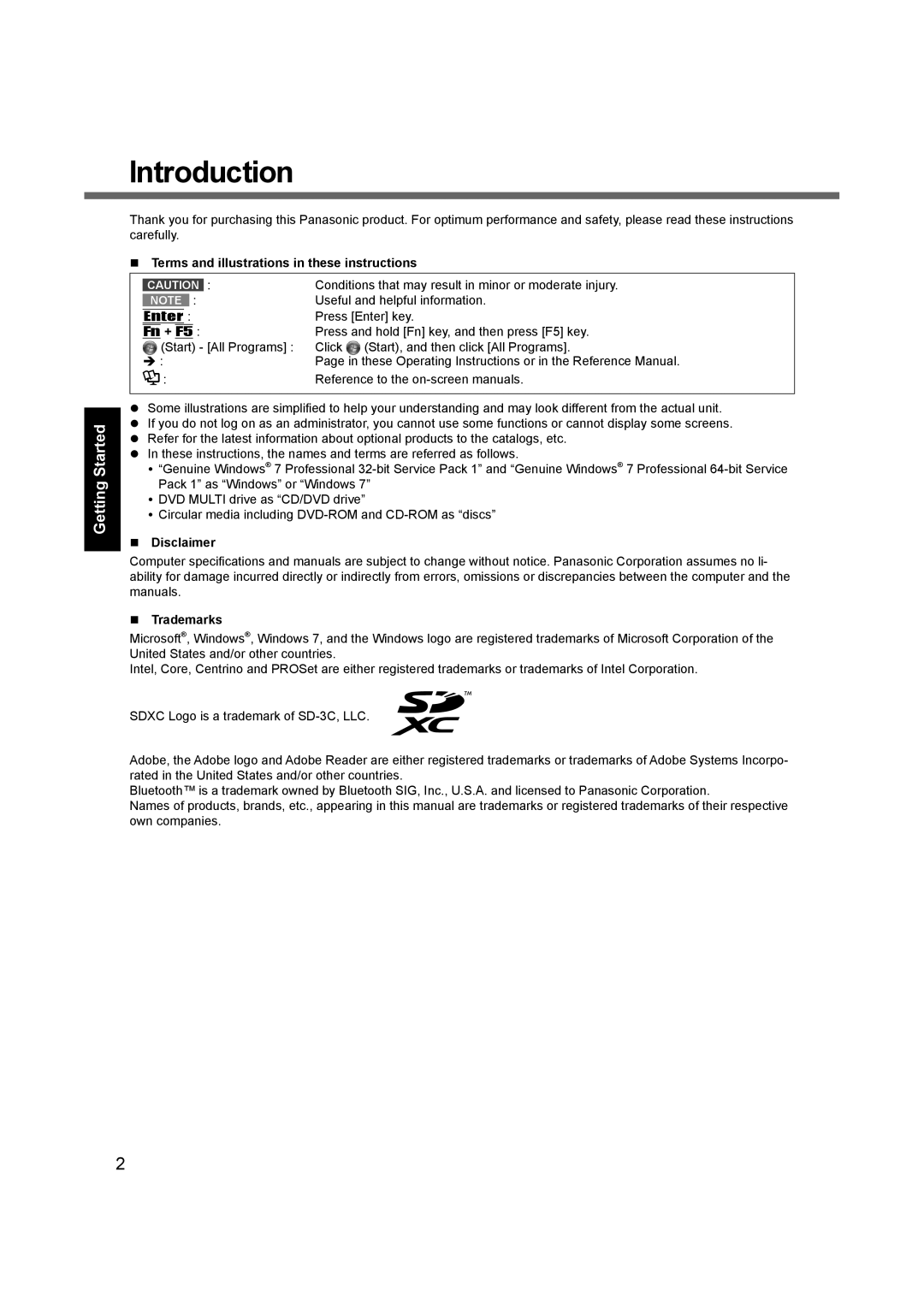 Panasonic CF-19 appendix Introduction,  Terms and illustrations in these instructions,  Disclaimer,  Trademarks 