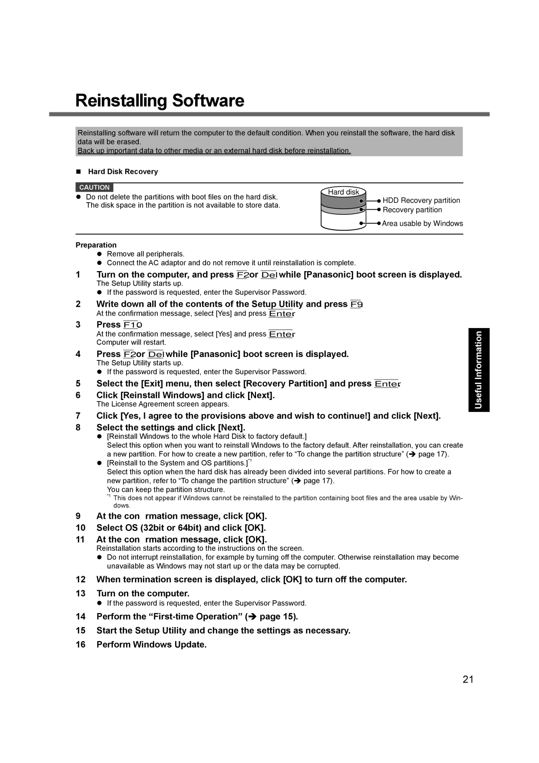 Panasonic CF-19 appendix Reinstalling Software,  Hard Disk Recovery, Preparation 