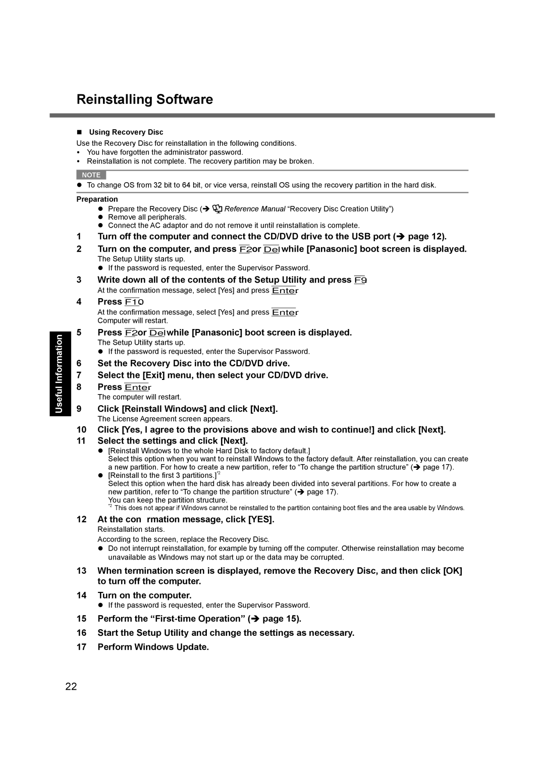 Panasonic CF-19 appendix Reinstalling Software,  Using Recovery Disc 