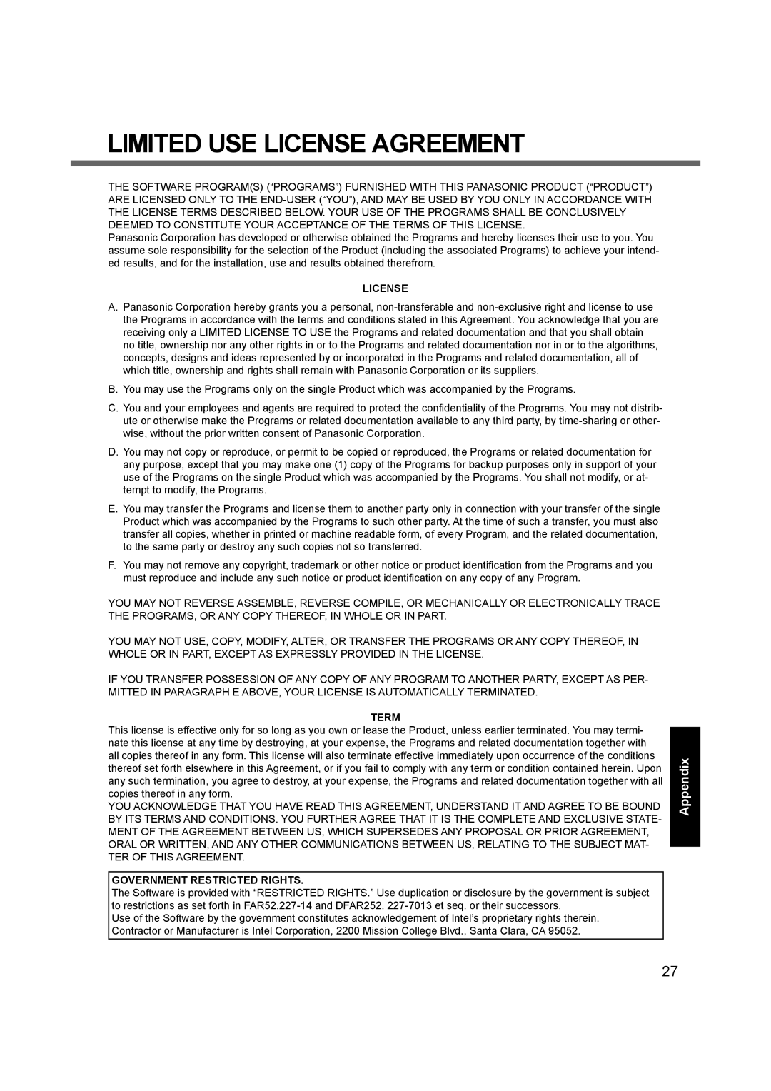 Panasonic CF-19 appendix Limited USE License Agreement 