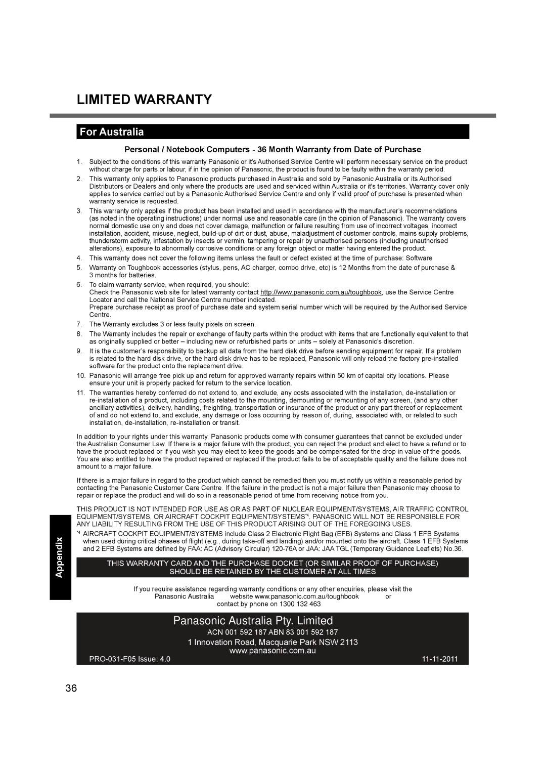 Panasonic CF-19 appendix Limited Warranty, For Australia 