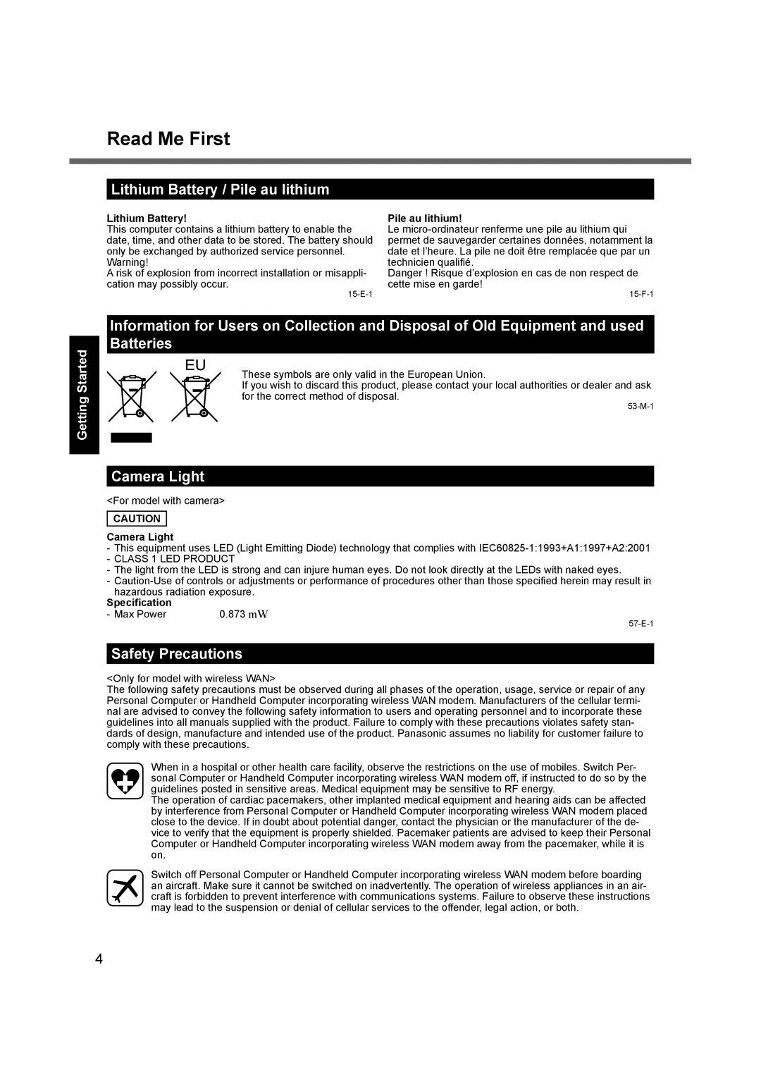 Panasonic CF-19 appendix Read Me First, Lithium Battery / Pile au lithium, Camera Light, Safety Precautions 