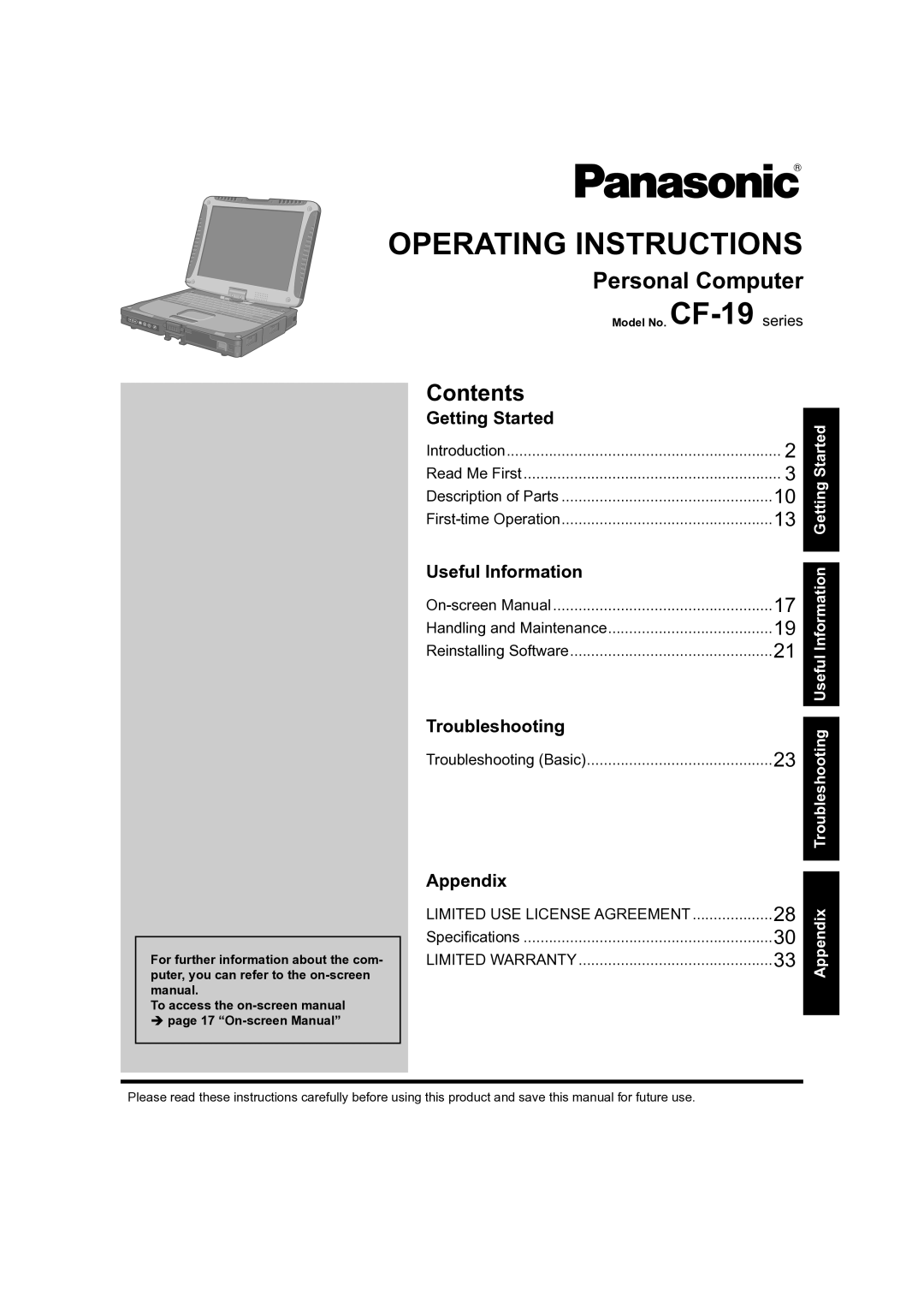 Panasonic CF-19 manual Personal Computer, Contents 