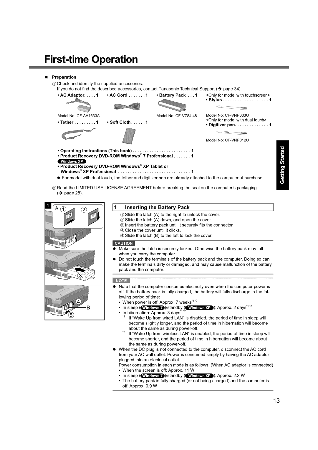 Panasonic CF-19 manual First-time Operation, Inserting the Battery Pack 