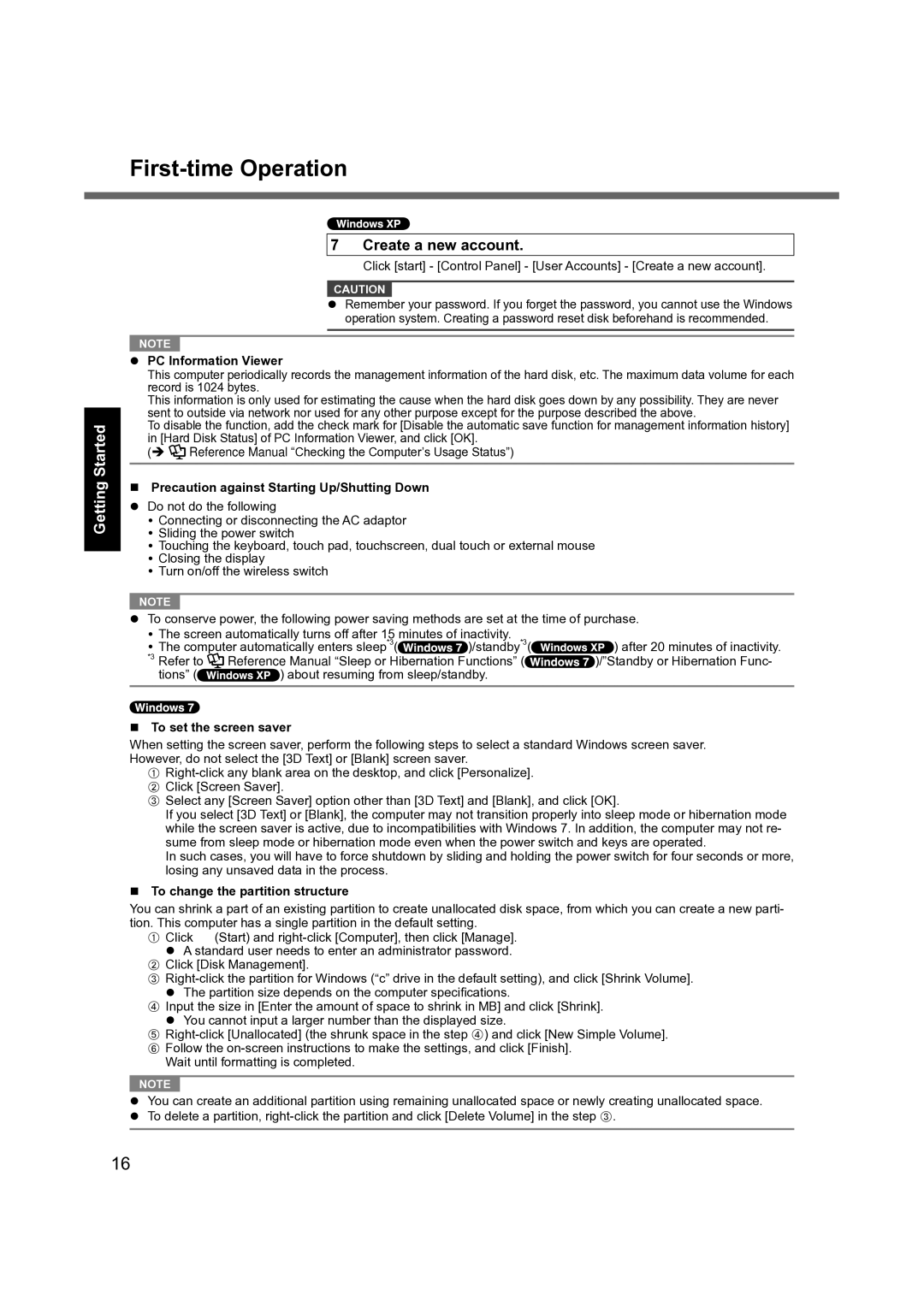 Panasonic CF-19 manual Create a new account, PC Information Viewer, Precaution against Starting Up/Shutting Down 