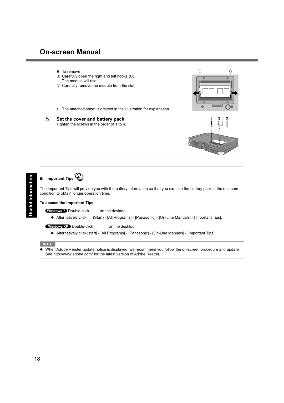 Panasonic CF-19 manual On-screen Manual, Set the cover and battery pack, To access the Important Tips 