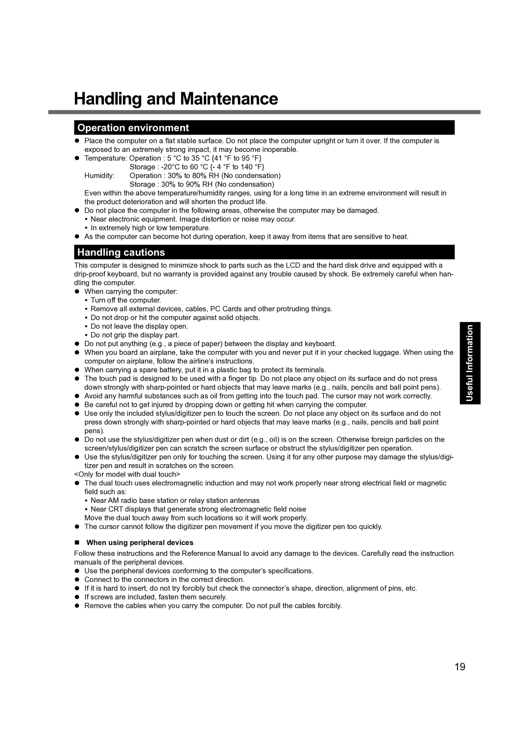 Panasonic CF-19 manual Handling and Maintenance, Operation environment, Handling cautions, When using peripheral devices 