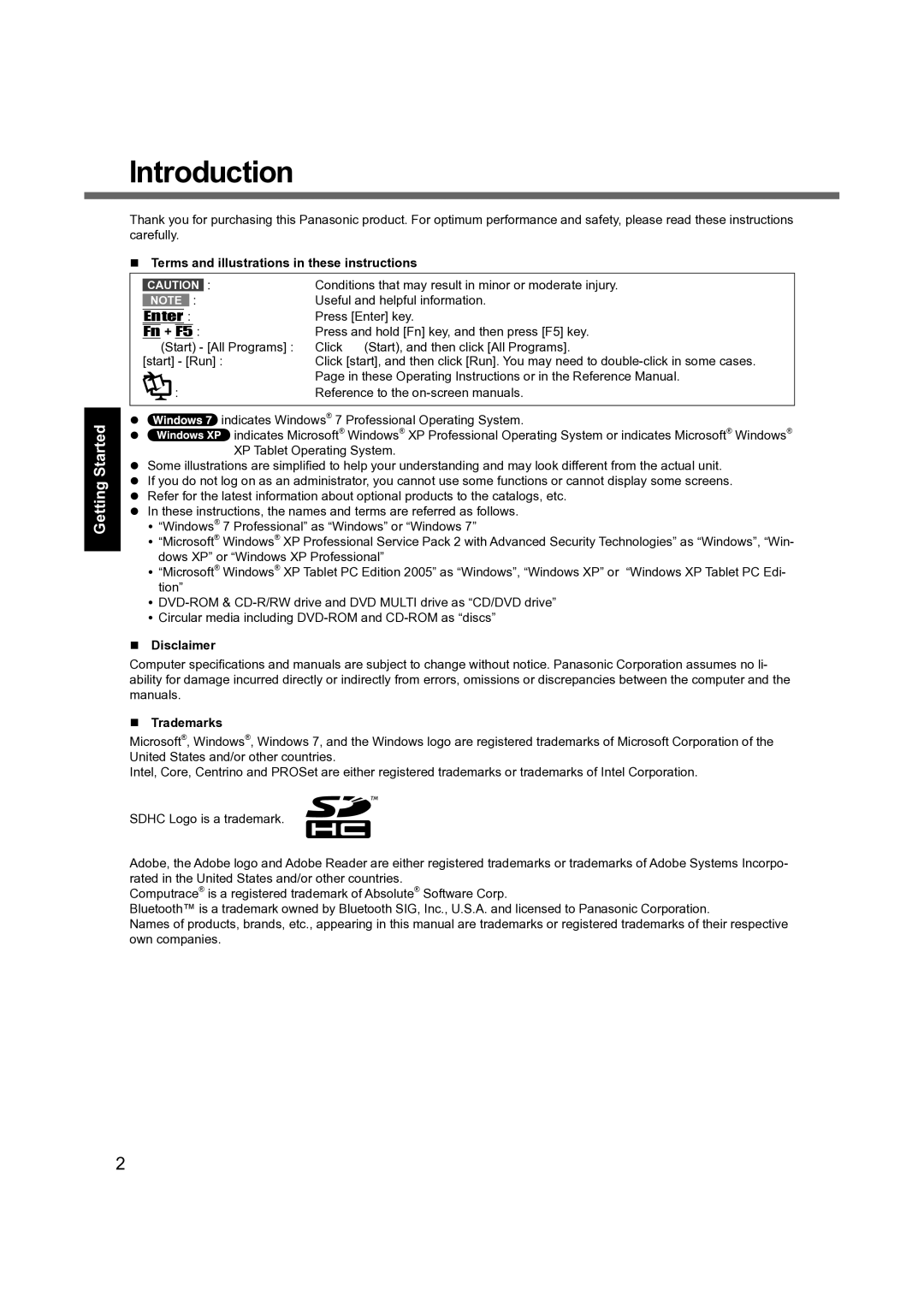 Panasonic CF-19 manual Introduction, Terms and illustrations in these instructions, Disclaimer, Trademarks 