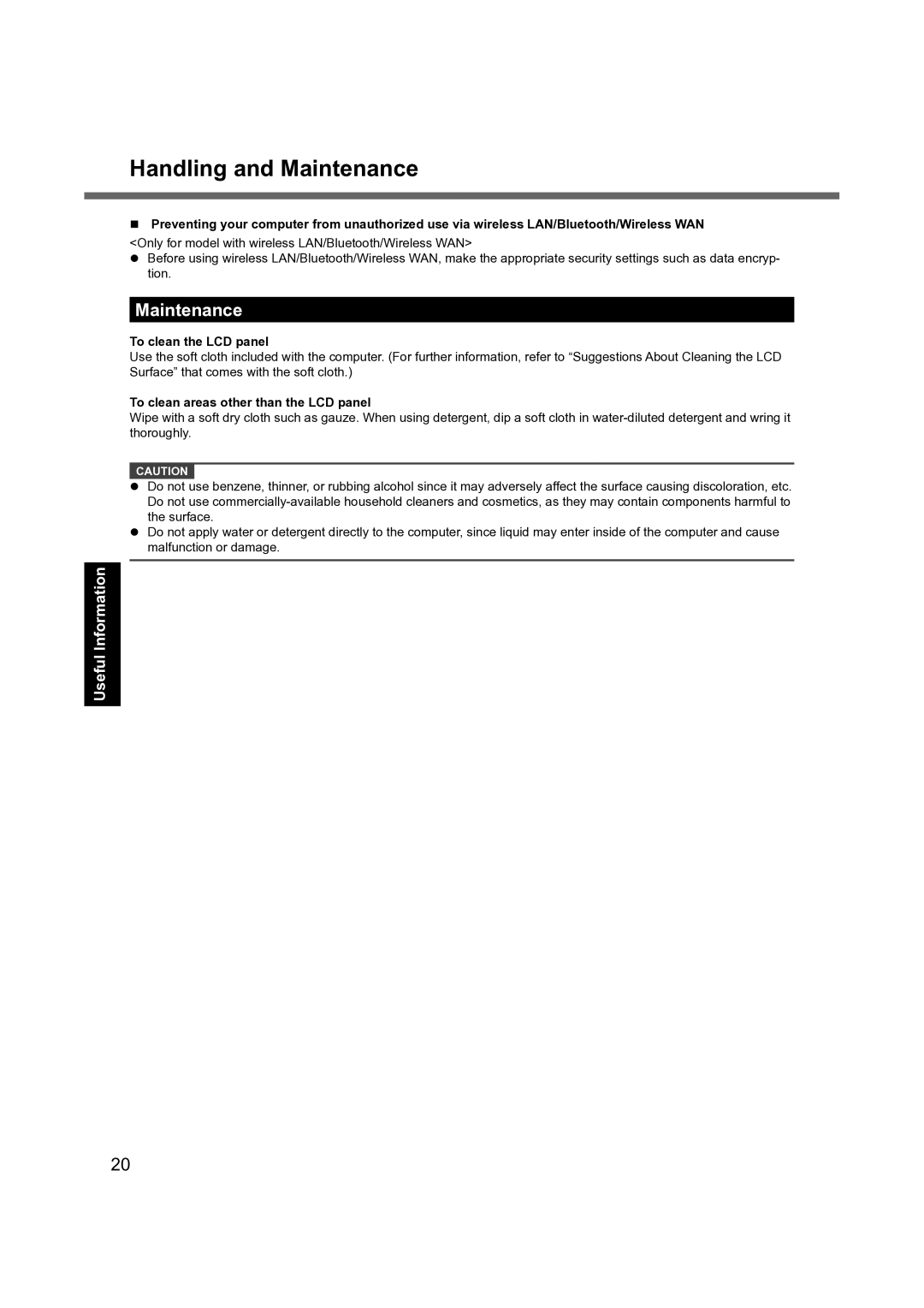 Panasonic CF-19 manual Handling and Maintenance, To clean the LCD panel, To clean areas other than the LCD panel 