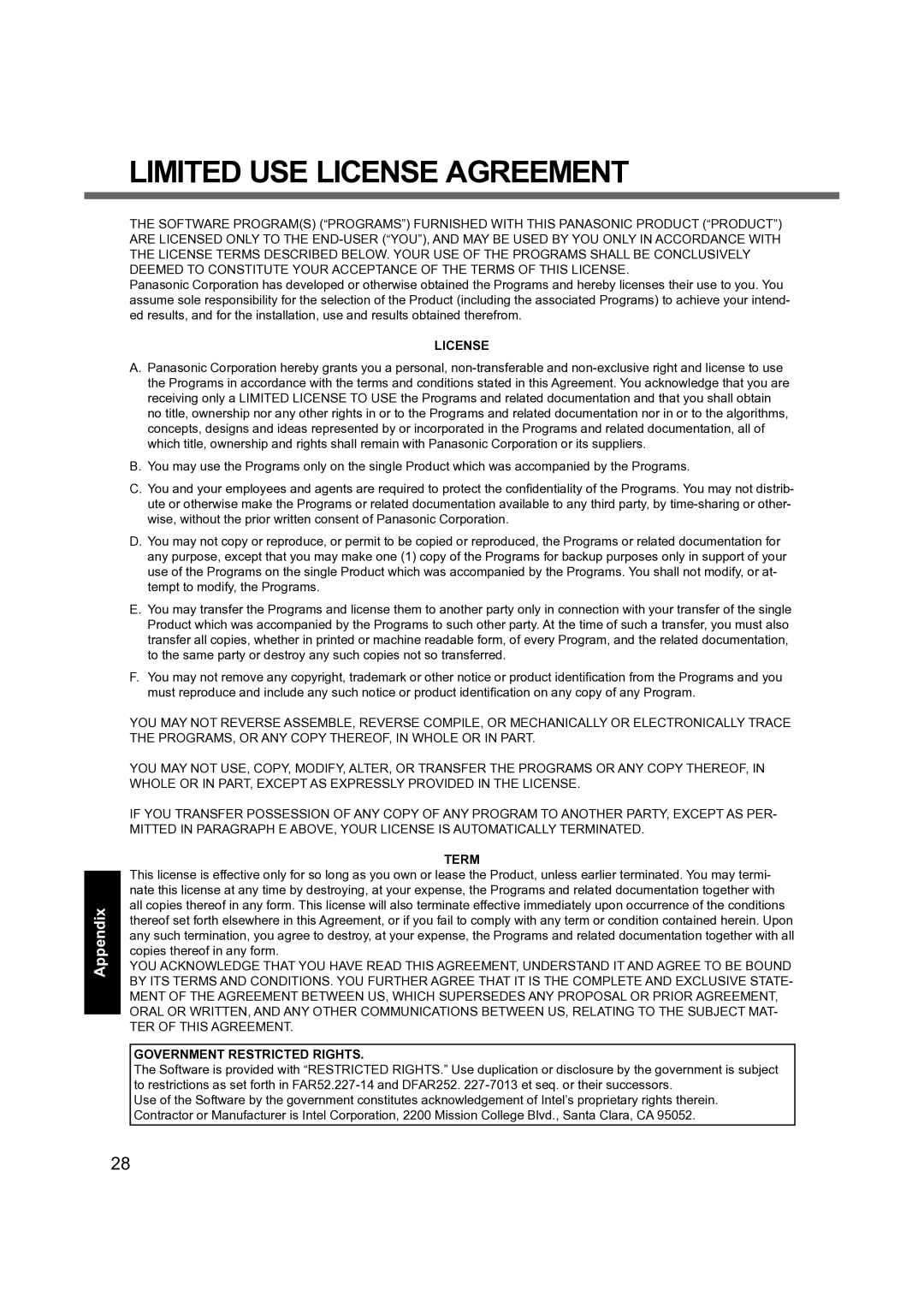 Panasonic CF-19 manual Limited USE License Agreement 