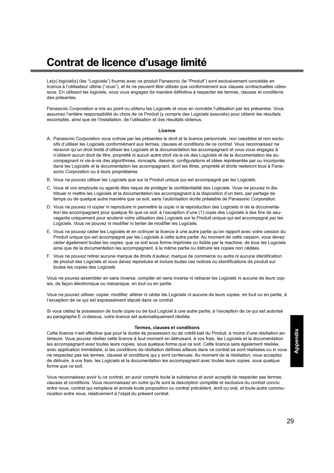 Panasonic CF-19 manual Contrat de licence d’usage limité, Licence, Termes, clauses et conditions 