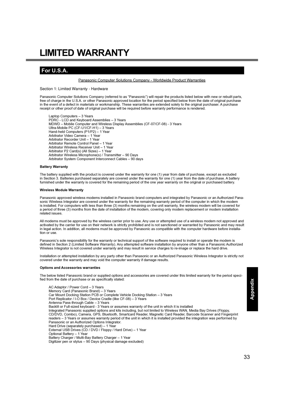 Panasonic CF-19 manual Limited Warranty, For U.S.A 