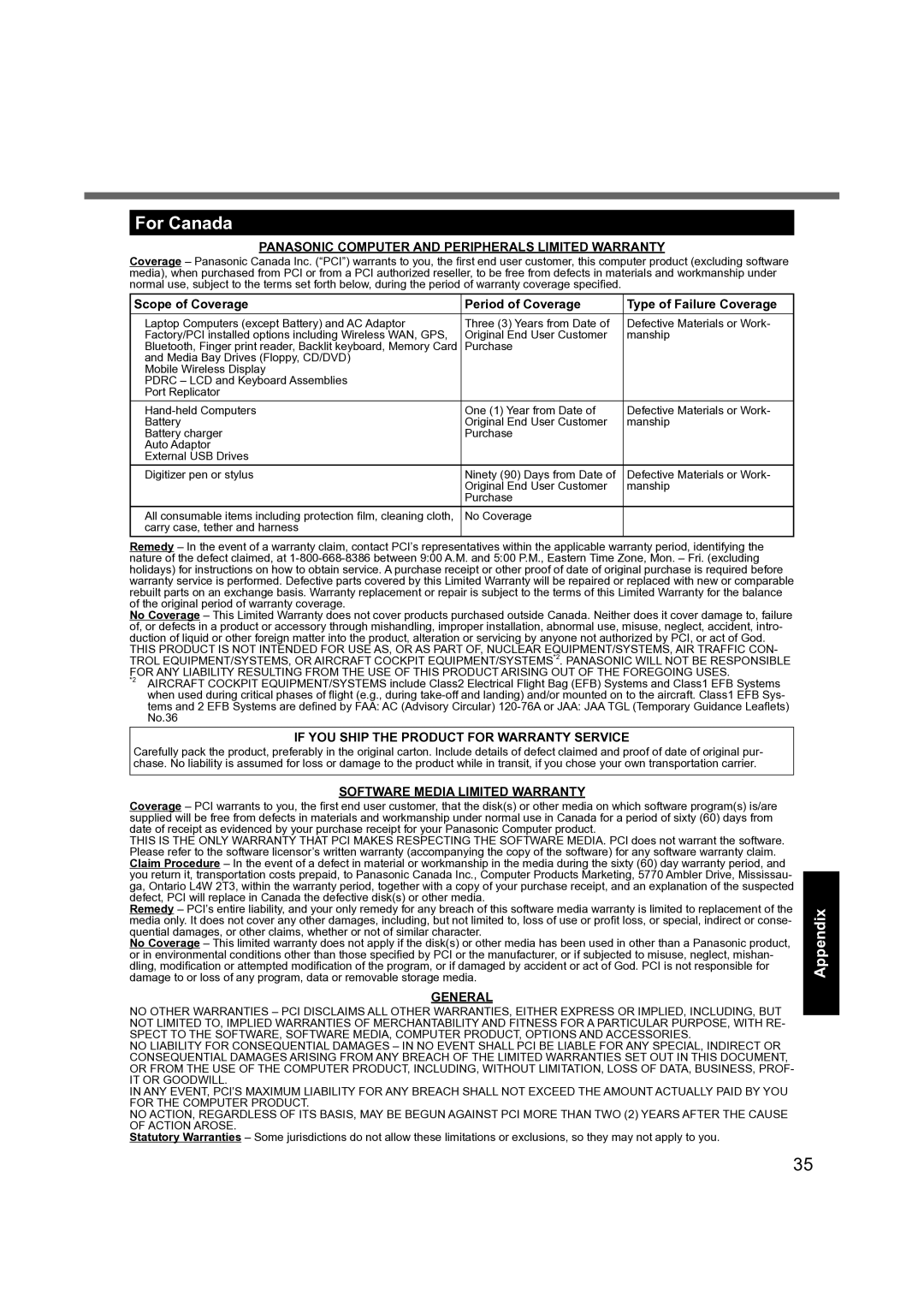 Panasonic CF-19 manual For Canada, Panasonic Computer and Peripherals Limited Warranty 