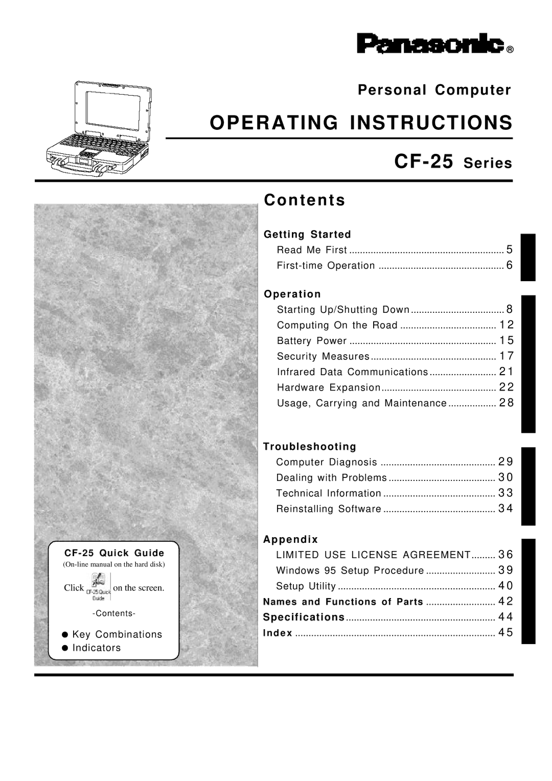 Panasonic operating instructions CF-25 Quick Guide, Names and Functions of Parts 