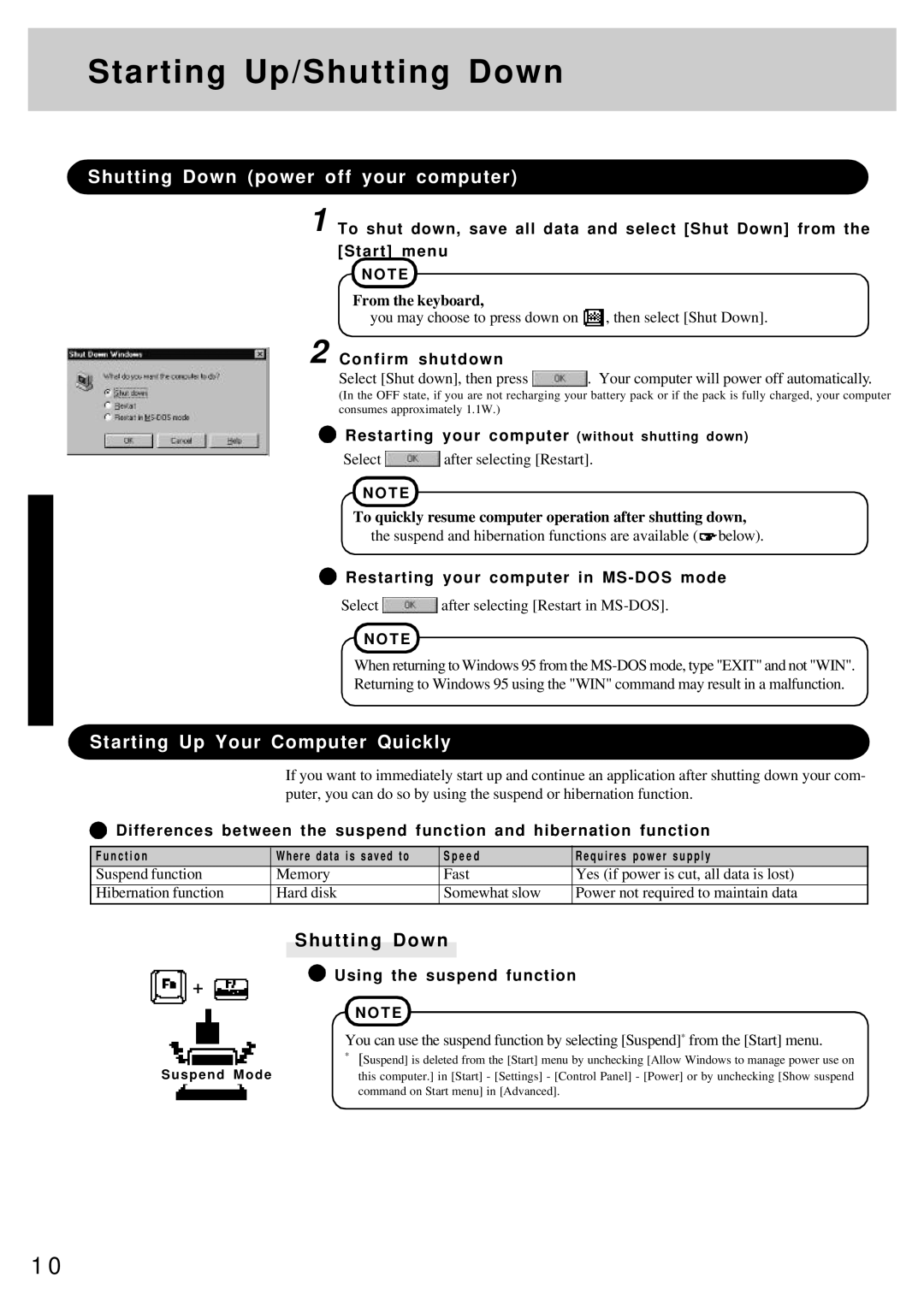 Panasonic CF-25 operating instructions Shutting Down power off your computer, Starting Up Your Computer Quickly 