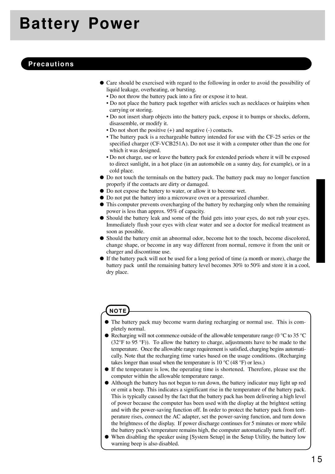 Panasonic CF-25 operating instructions Battery Power 