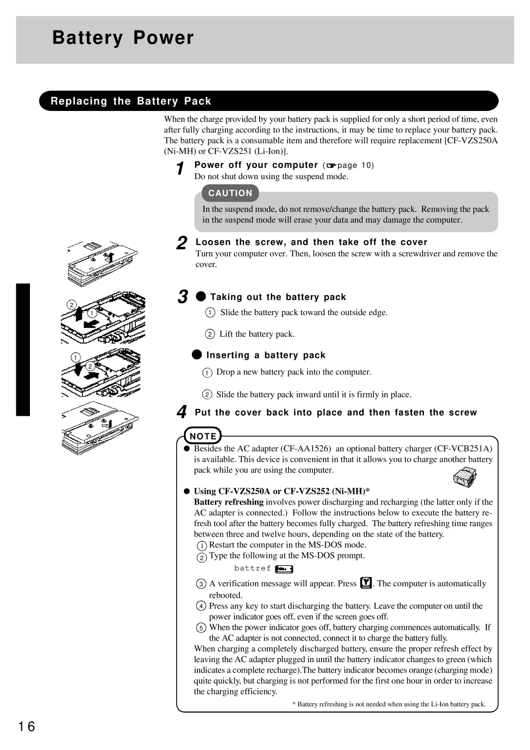 Panasonic CF-25 operating instructions Battery Power, Using CF-VZS250A or CF-VZS252 Ni-MH 