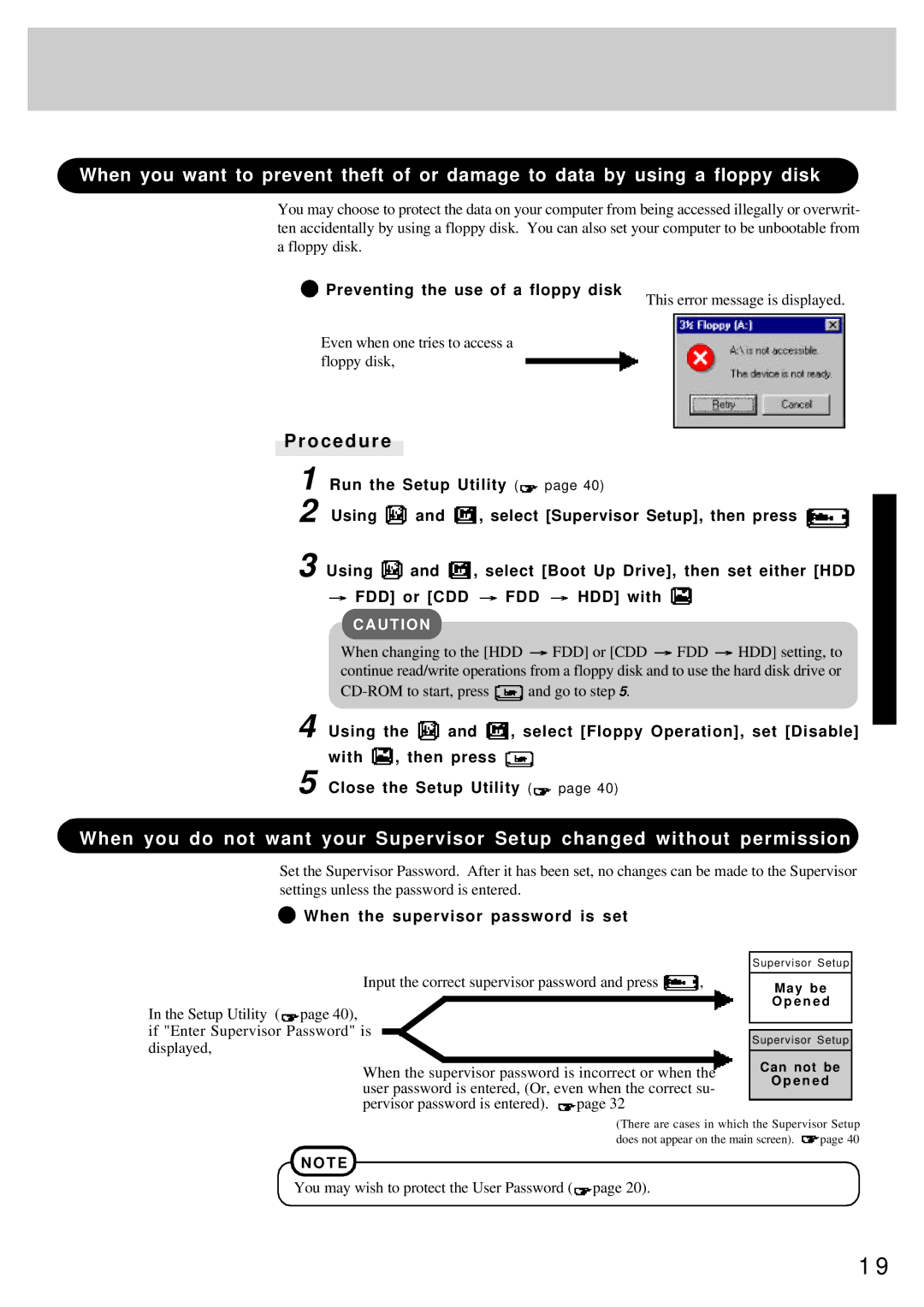 Panasonic CF-25 O c e d u r e, Preventing the use of a floppy disk, When the supervisor password is set 