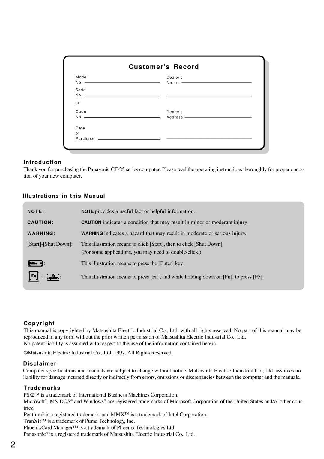 Panasonic CF-25 Customers Record, T r o d u c t i o n, Illustrations in this Manual, Copyright, Disclaimer Trademarks 