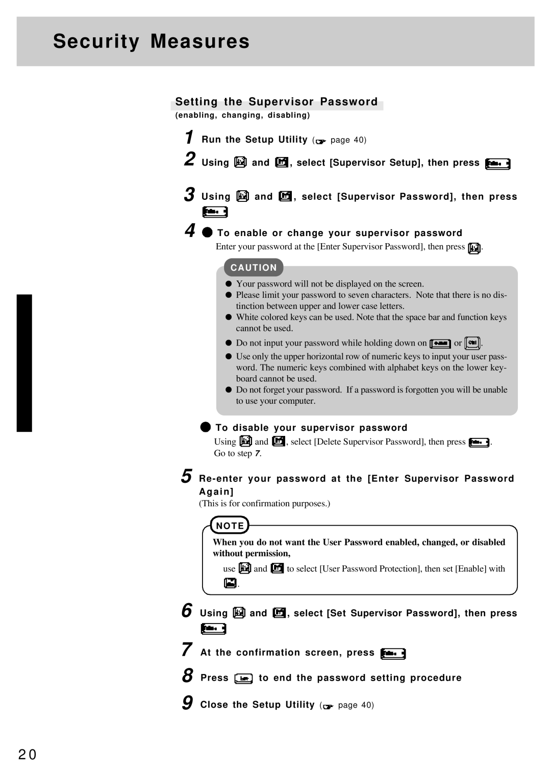 Panasonic CF-25 operating instructions Setting the Supervisor Password, To disable your supervisor password 